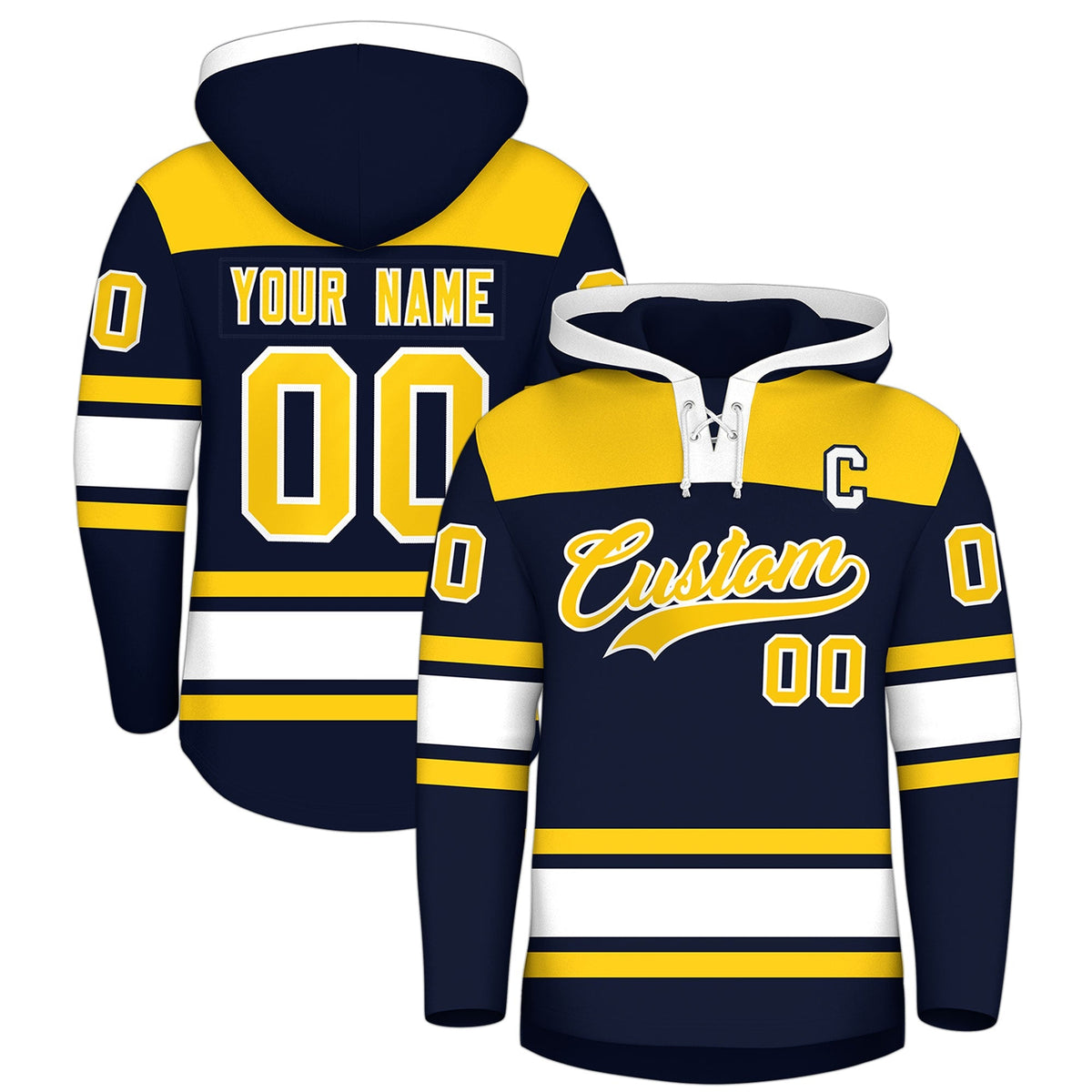 Custom Hockey Hoodie Jersey Navy Gold Raglan Sleeves Lace-Up Neck Personal Name &amp; Number &amp; Logo