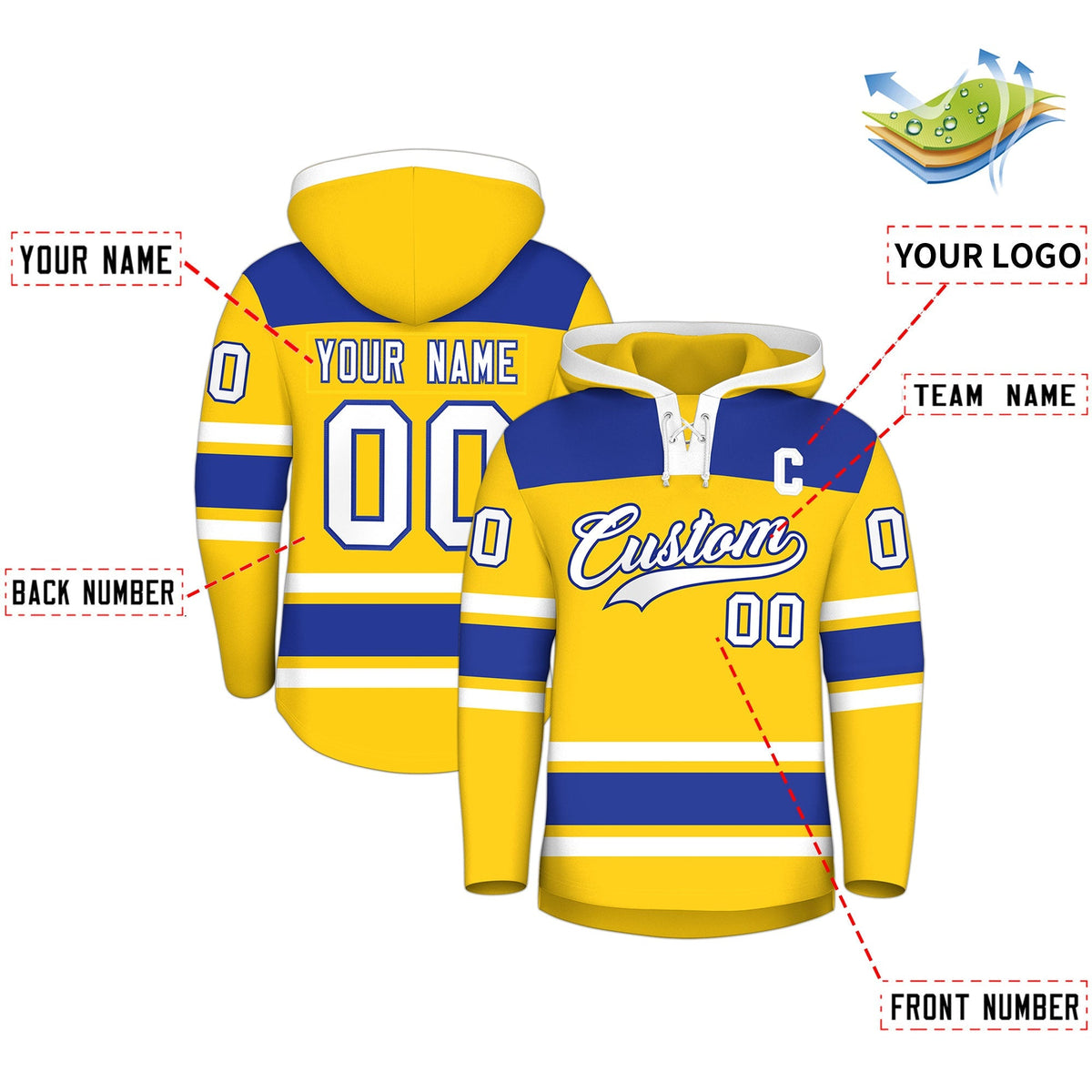 Custom Hockey Hoodie Jersey Gold Royal Blue Raglan Sleeves Lace-Up Neck Personalized Jersey for Men &amp; Youth