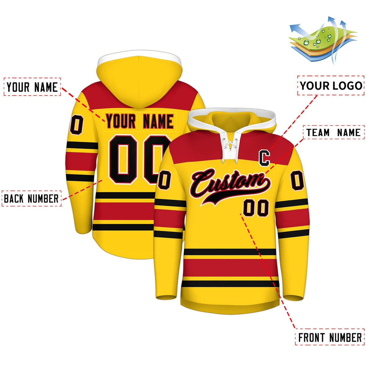 Custom Hockey Hoodie Jersey Gold Red Raglan Sleeves Lace-Up Neck Personal Name &amp; Number &amp; Logo