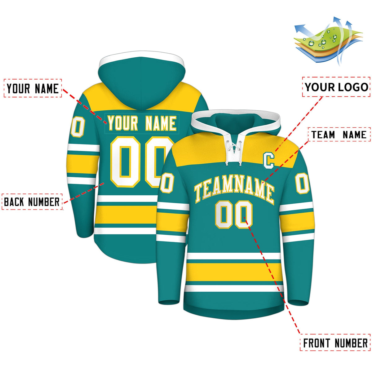 Custom Hockey Hoodie Jersey Teal Gold Raglan Sleeves Lace-Up Neck Personal Name &amp; Number &amp; Logo
