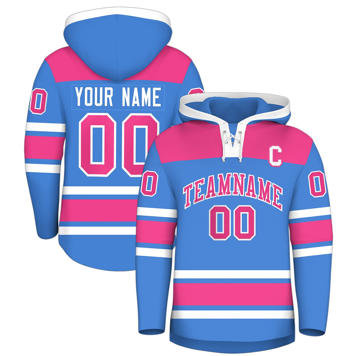 Custom Hockey Hoodie Jersey Powder Blue Raglan Sleeves Lace-Up Neck Personal Name &amp; Number &amp; Logo