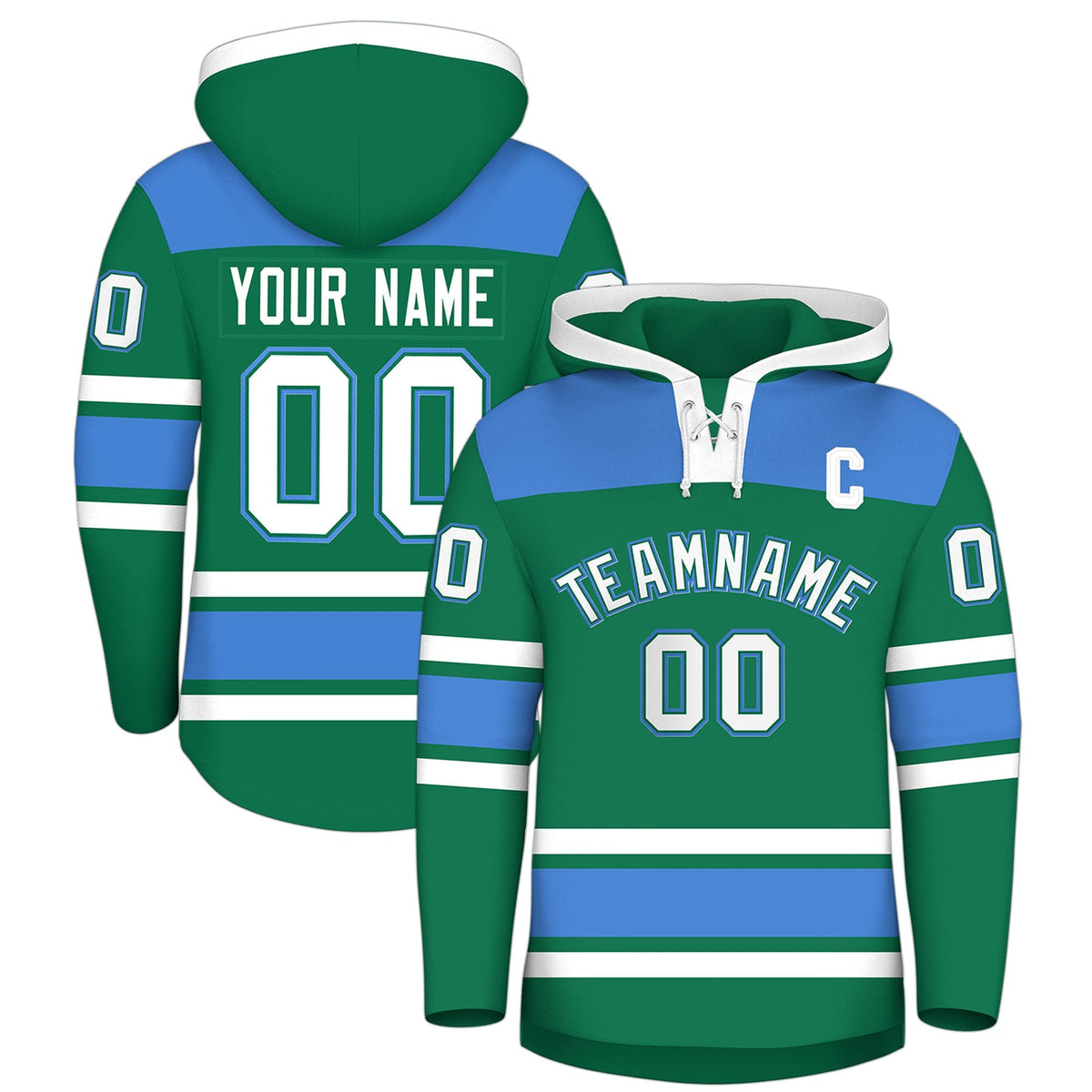 Custom Hockey Hoodie Jersey Kelly Green Powder Blue Raglan Sleeves Lace-Up Neck Classic Team Colors Hoodie