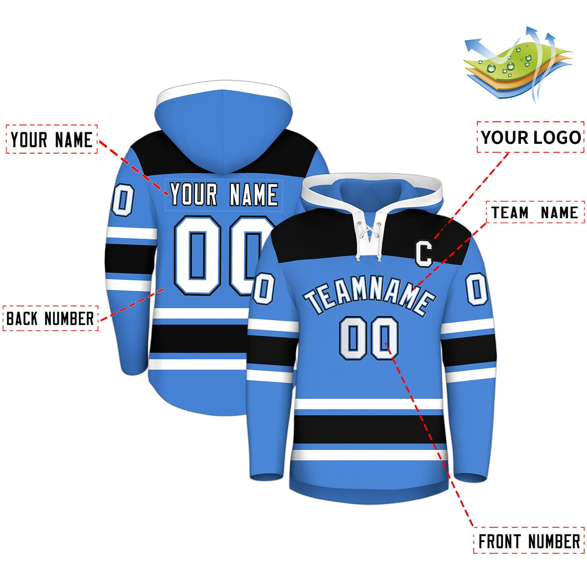 Custom Hockey Hoodie Jersey Powder Blue Black Raglan Sleeves Lace-Up Neck Classic Team Colors Hoodie