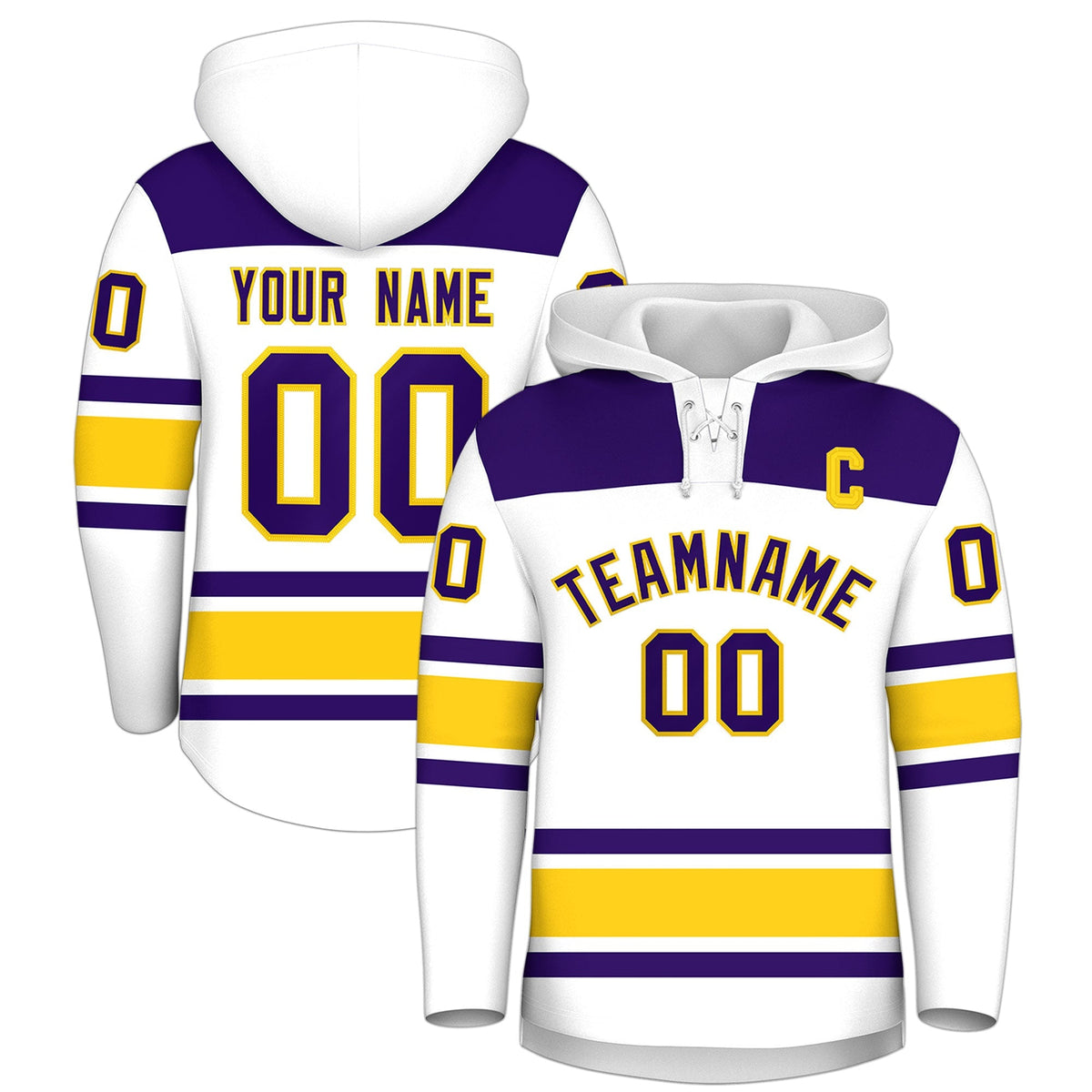 Custom Hockey Hoodie Jersey White Gold Raglan Sleeves Lace-Up Neck Personal Name &amp; Number &amp; Logo