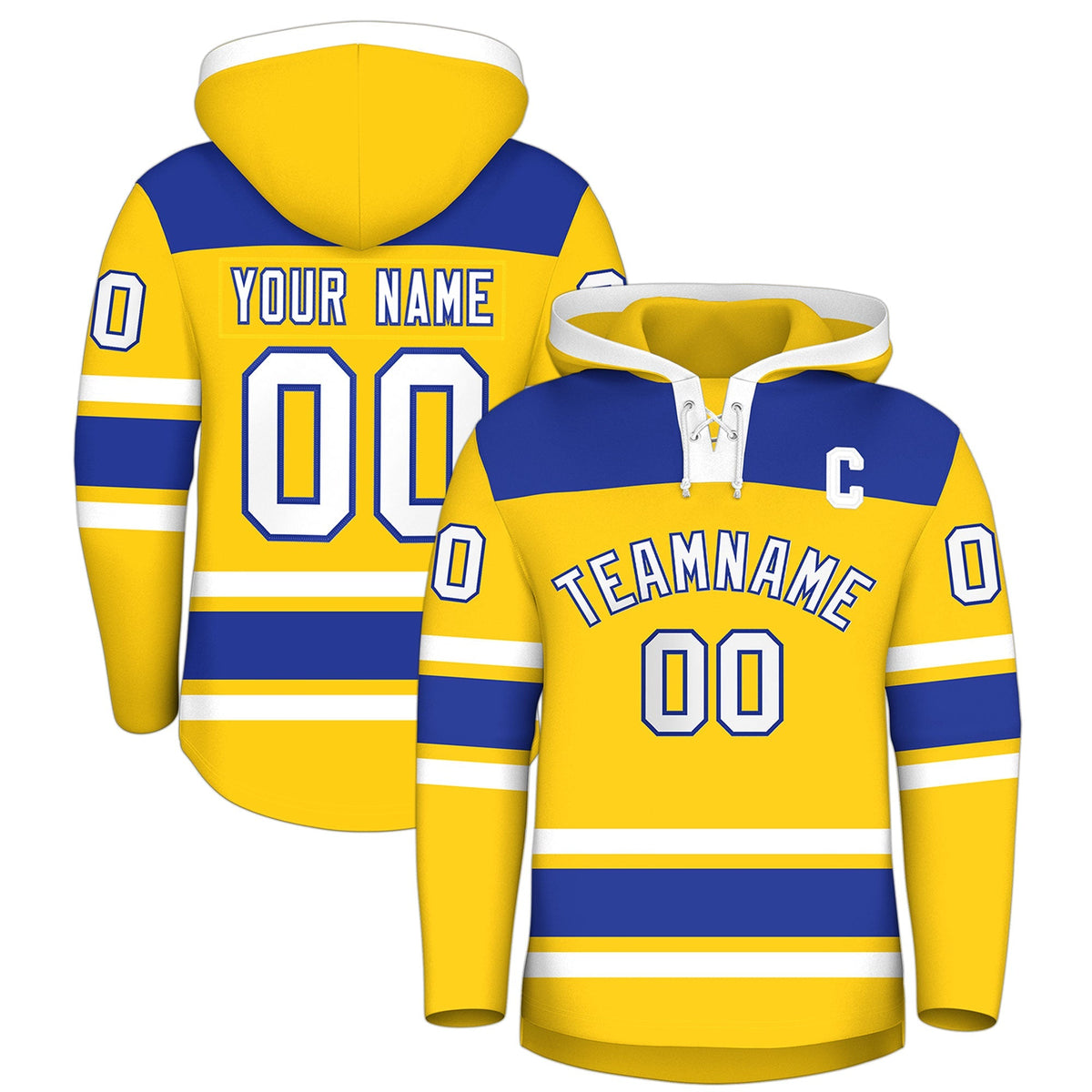 Custom Hockey Hoodie Jersey Gold Royal Blue Raglan Sleeves Lace-Up Neck Personalized Jersey for Men &amp; Youth