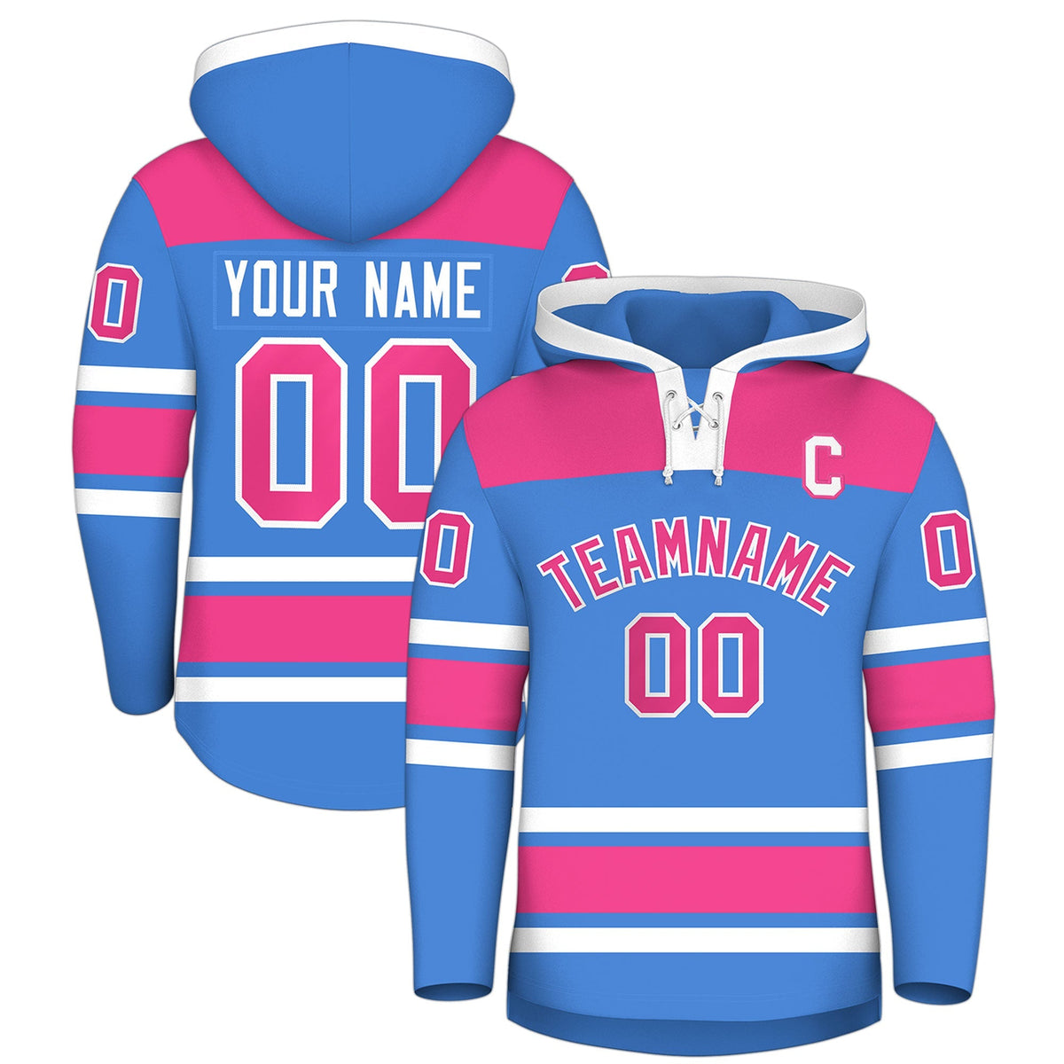 Custom Hockey Hoodie Jersey Powder Blue Raglan Sleeves Lace-Up Neck Personal Name &amp; Number &amp; Logo