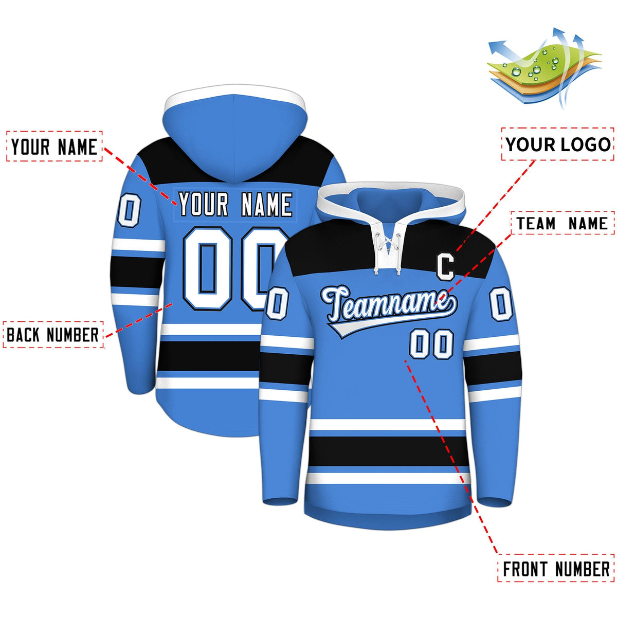 Custom Hockey Hoodie Jersey Powder Blue Black Raglan Sleeves Lace-Up Neck Classic Team Colors Hoodie