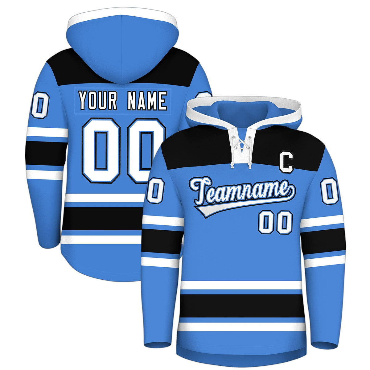 Custom Hockey Hoodie Jersey Powder Blue Black Raglan Sleeves Lace-Up Neck Classic Team Colors Hoodie