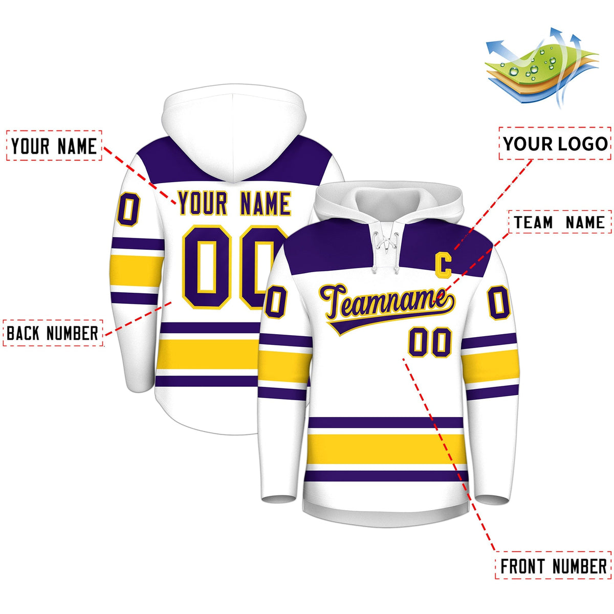 Custom Hockey Hoodie Jersey White Gold Raglan Sleeves Lace-Up Neck Personal Name &amp; Number &amp; Logo
