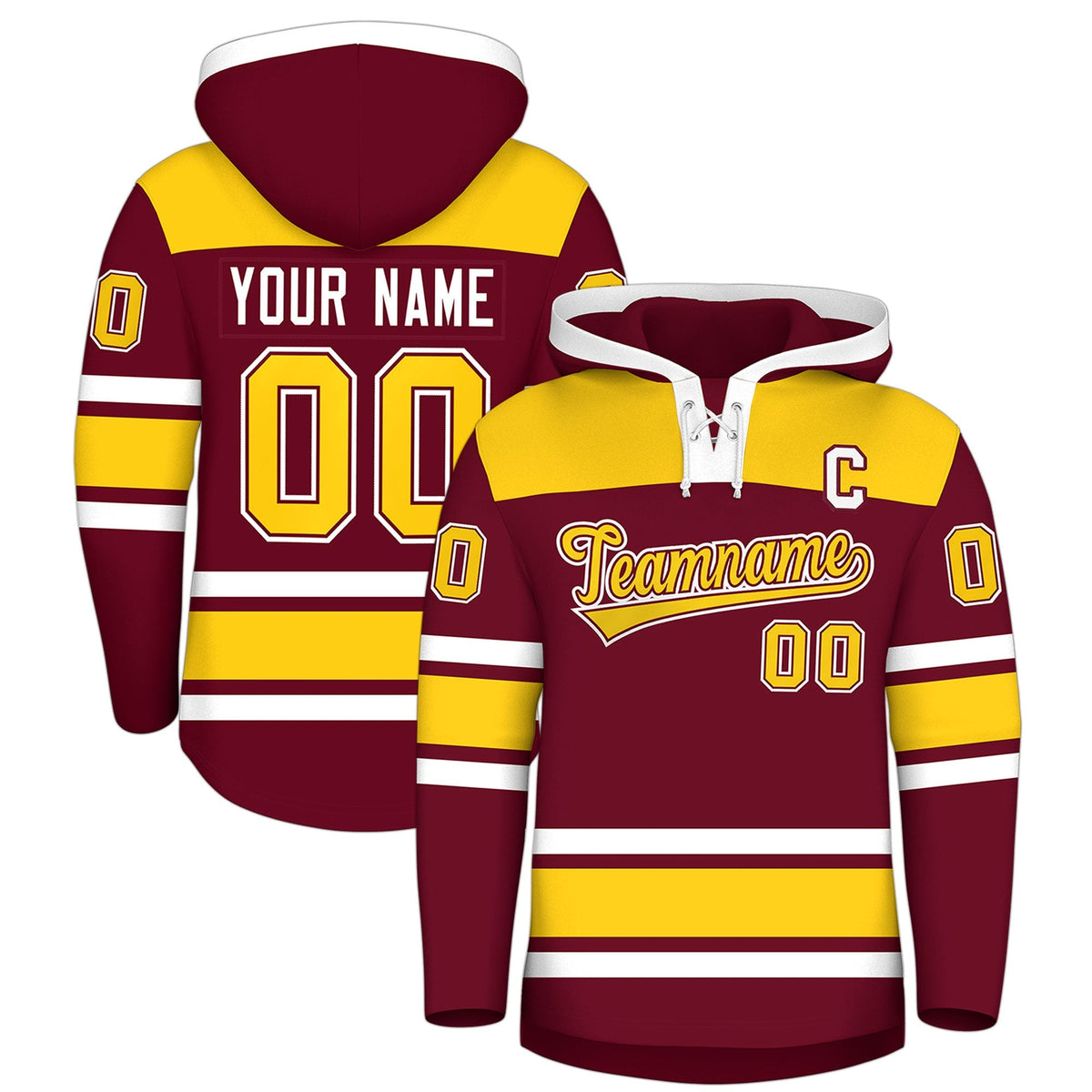 Custom Hockey Hoodie Jersey Crimson Gold Raglan Sleeves Lace-Up Neck Personalized Jersey for Men &amp; Youth