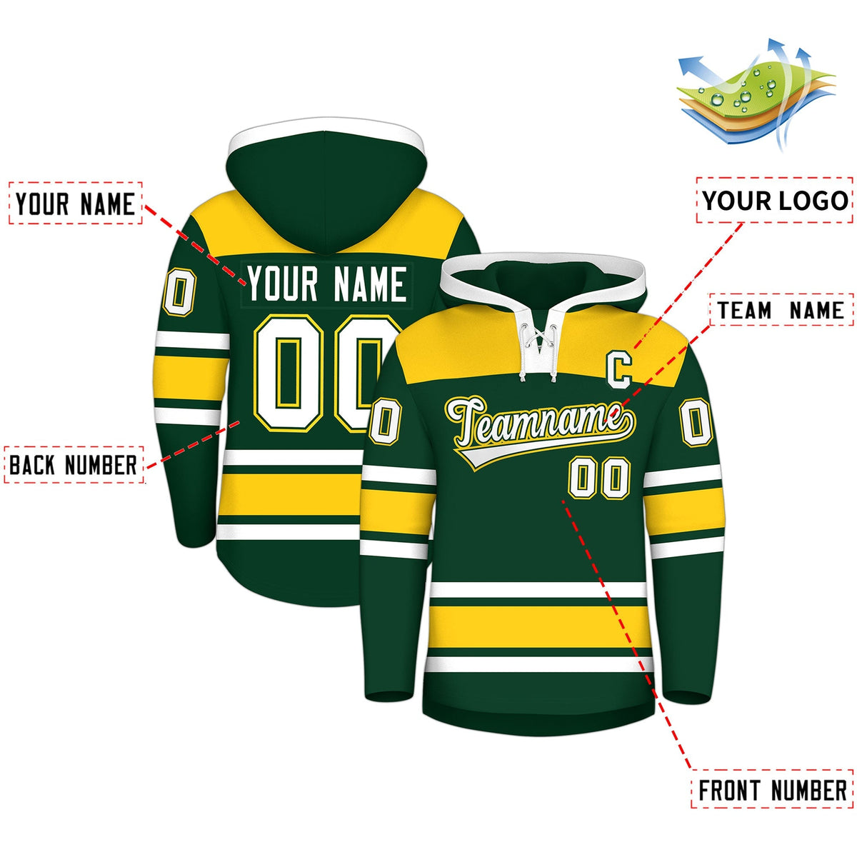 Custom Hockey Hoodie Jersey Green Gold Raglan Sleeves Lace-Up Neck Classic Team Colors Hoodie