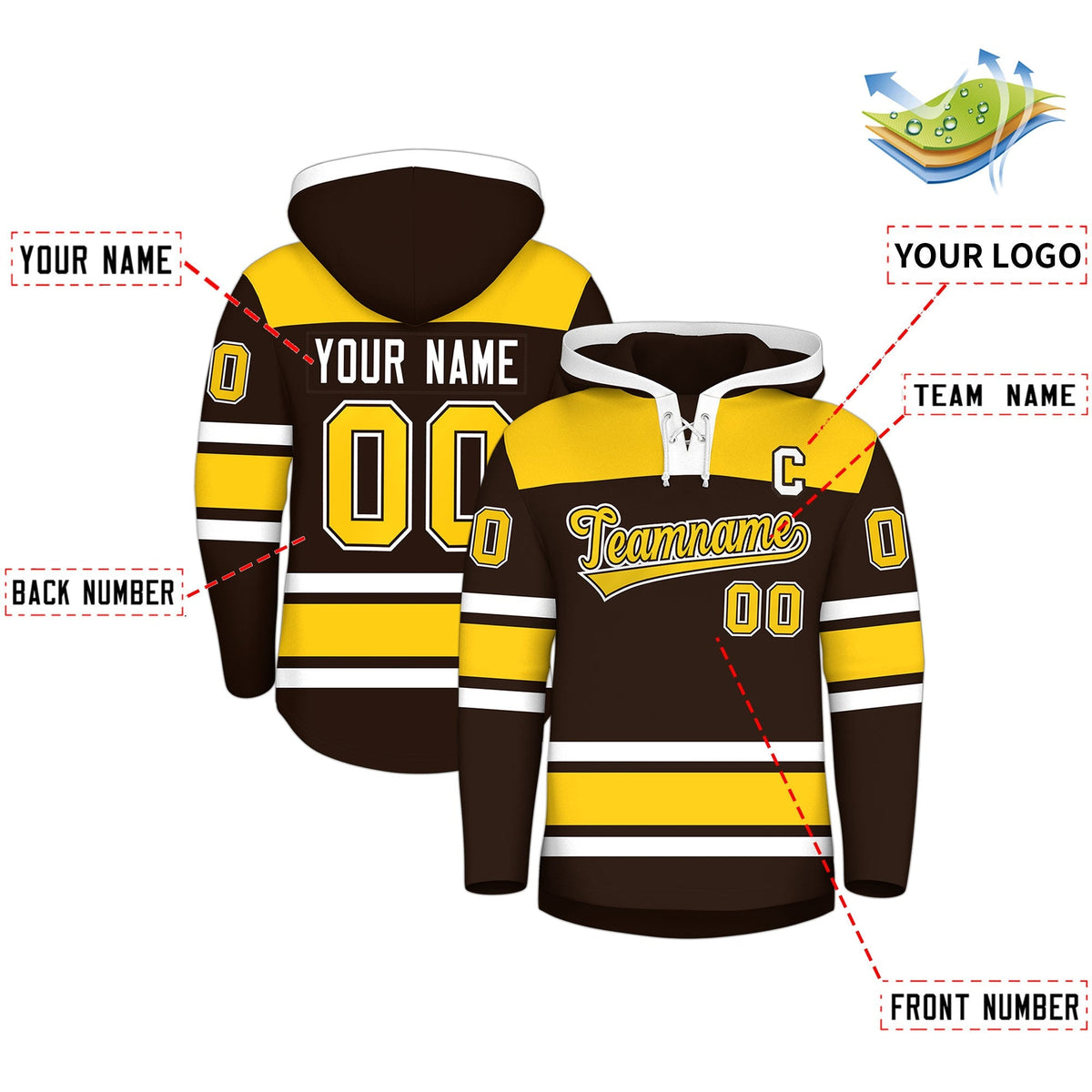 Custom Hockey Hoodie Jersey Brown Gold Raglan Sleeves Lace-Up Neck Personalized Jersey for Men &amp; Youth