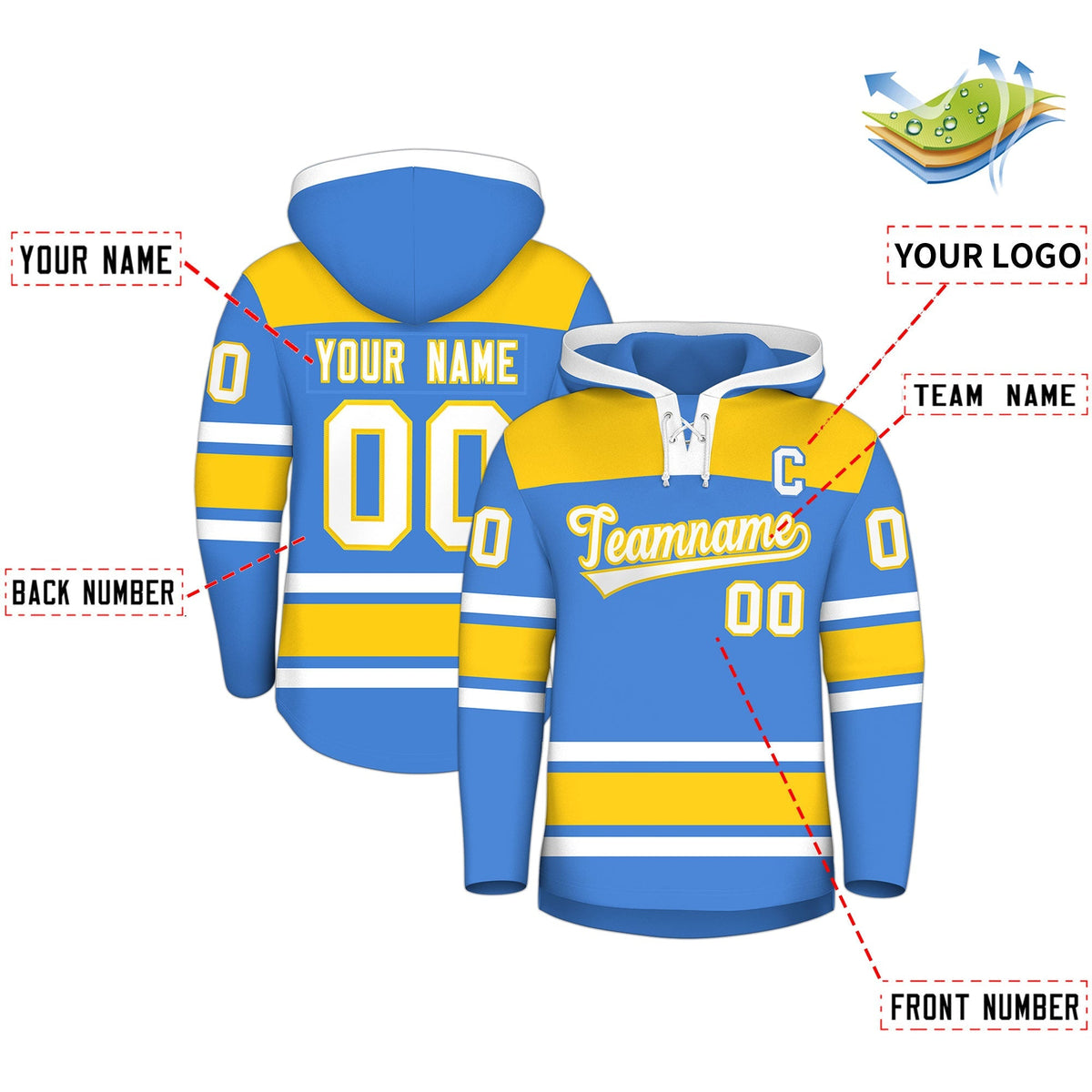 Custom Hockey Hoodie Jersey Powder Blue Gold Raglan Sleeves Lace-Up Neck Classic Team Colors Hoodie