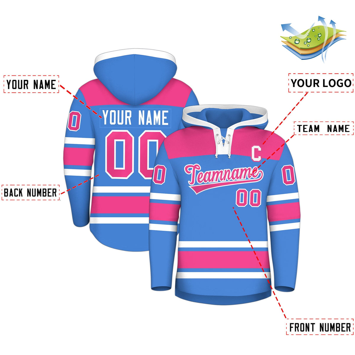 Custom Hockey Hoodie Jersey Powder Blue Raglan Sleeves Lace-Up Neck Personal Name &amp; Number &amp; Logo