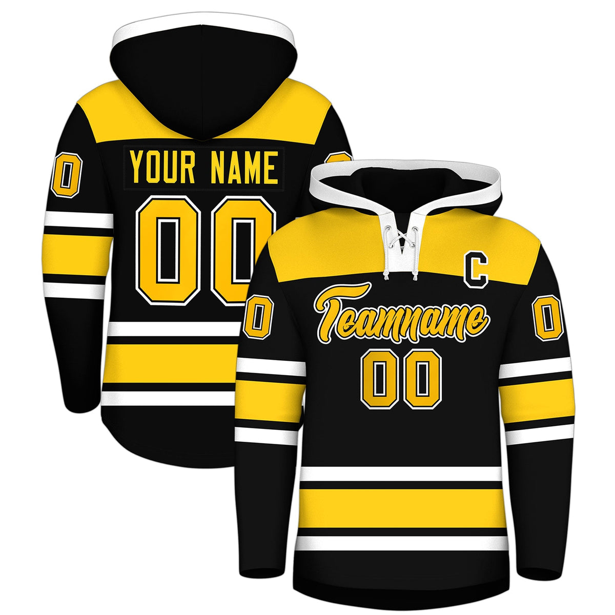 Custom Hockey Hoodie Jersey Black Gold Raglan Sleeves Lace-Up Neck Personalized Jersey for Men &amp; Youth