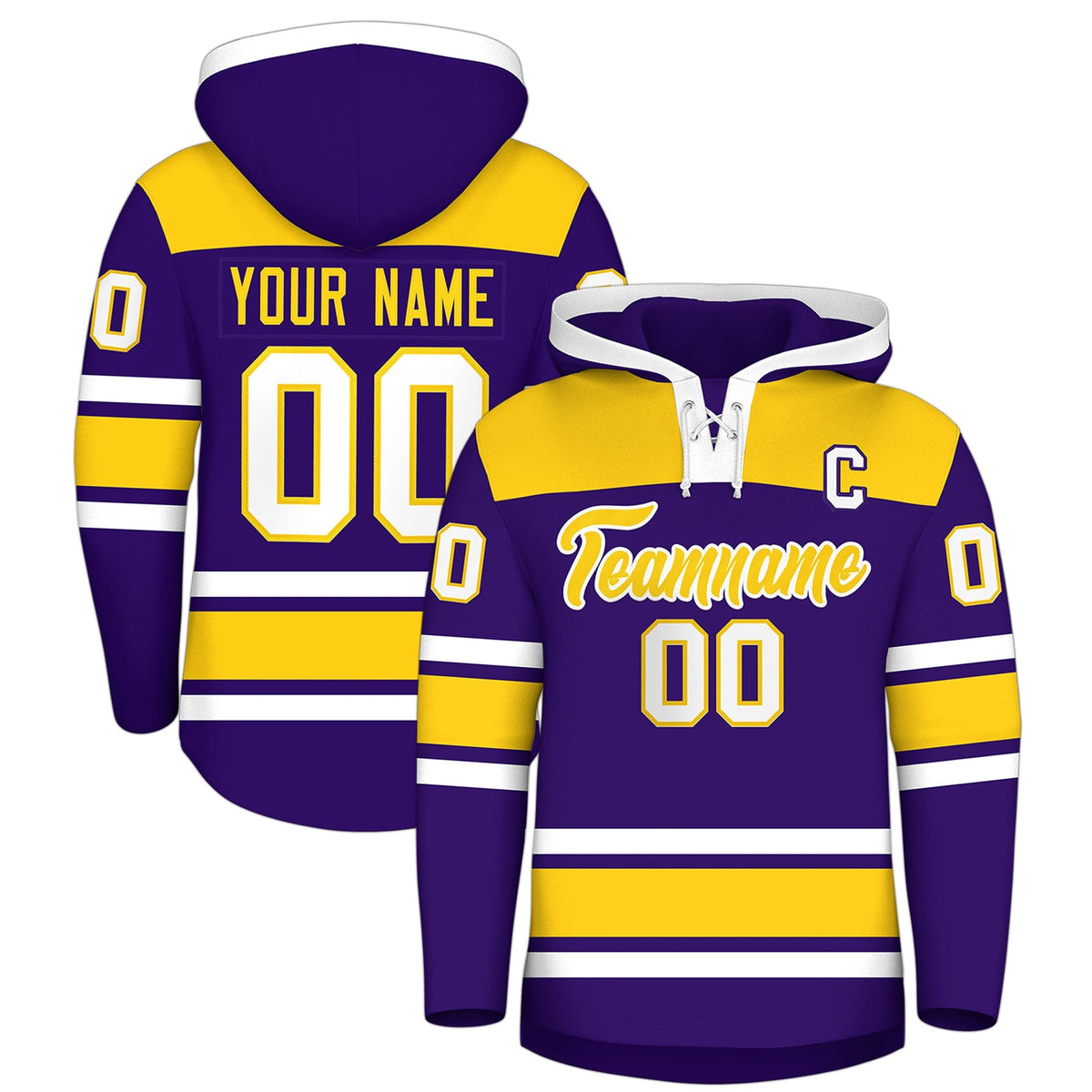 Custom Hockey Hoodie Jersey Purple Gold Raglan Sleeves Lace-Up Neck Personalized Jersey for Men &amp; Youth