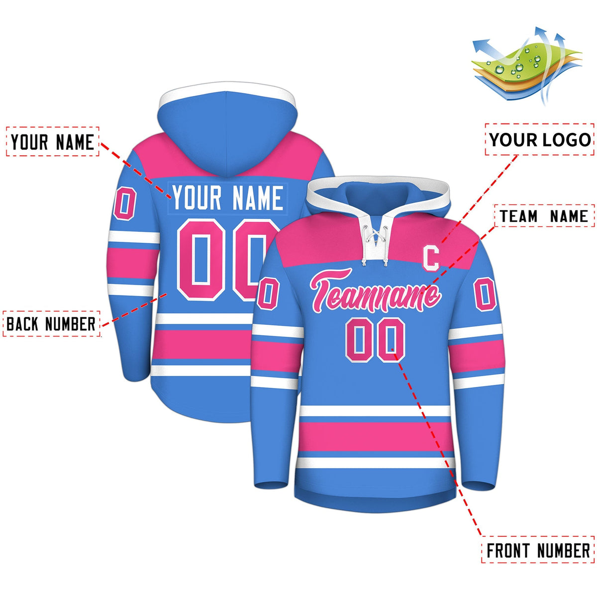 Custom Hockey Hoodie Jersey Powder Blue Raglan Sleeves Lace-Up Neck Personal Name &amp; Number &amp; Logo