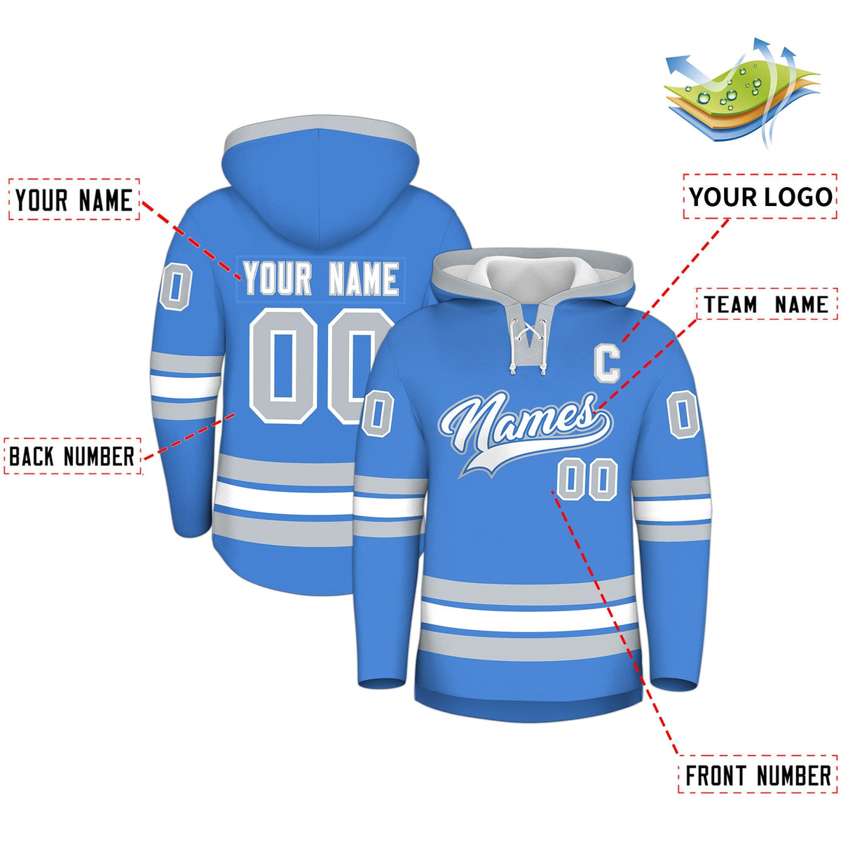 Custom Hockey Hoodie Jersey Powder Blue Silver Classic Style for Men&amp;Youth
