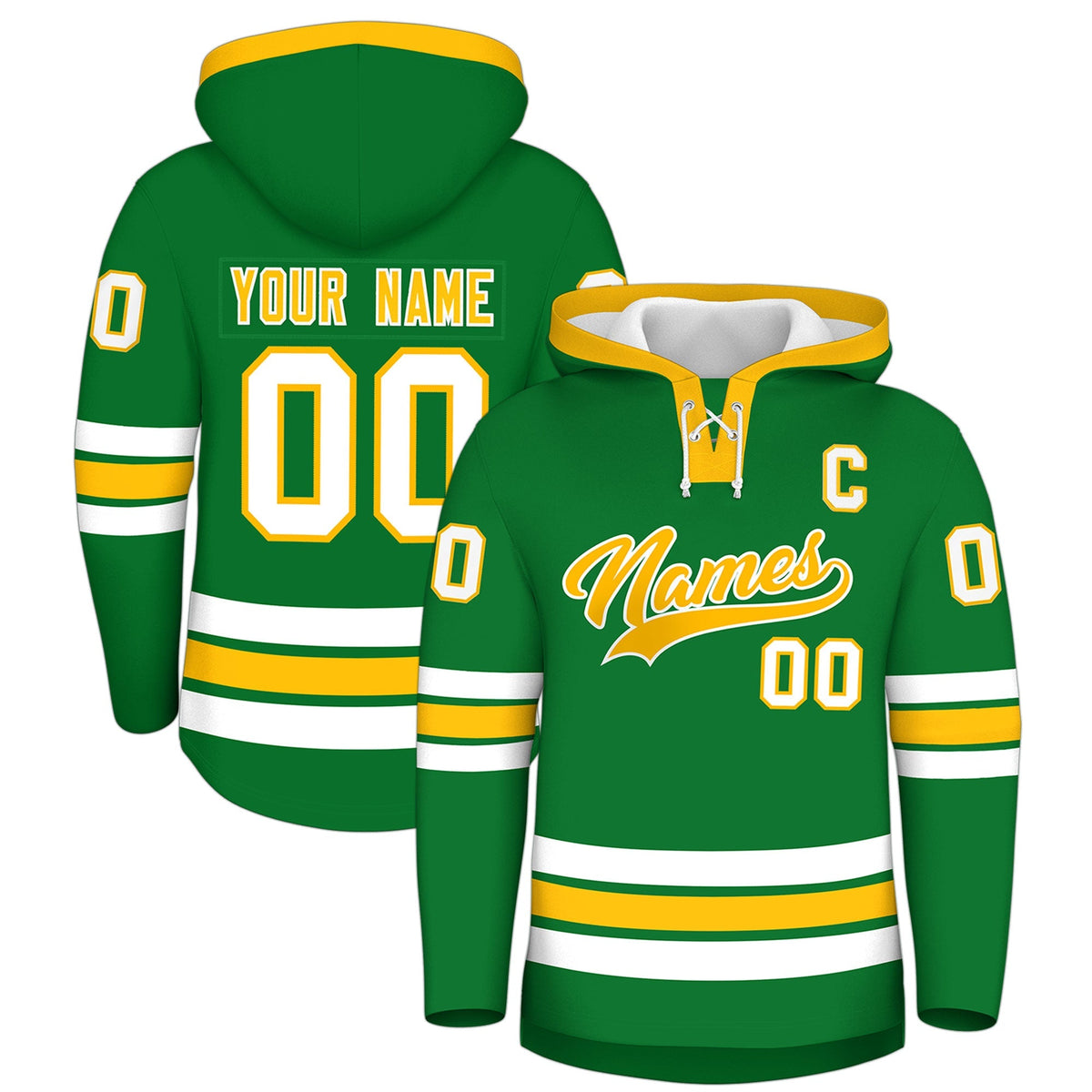 Custom Hockey Hoodie Jersey Kelly Green Gold Classic Style for Men&amp;Youth