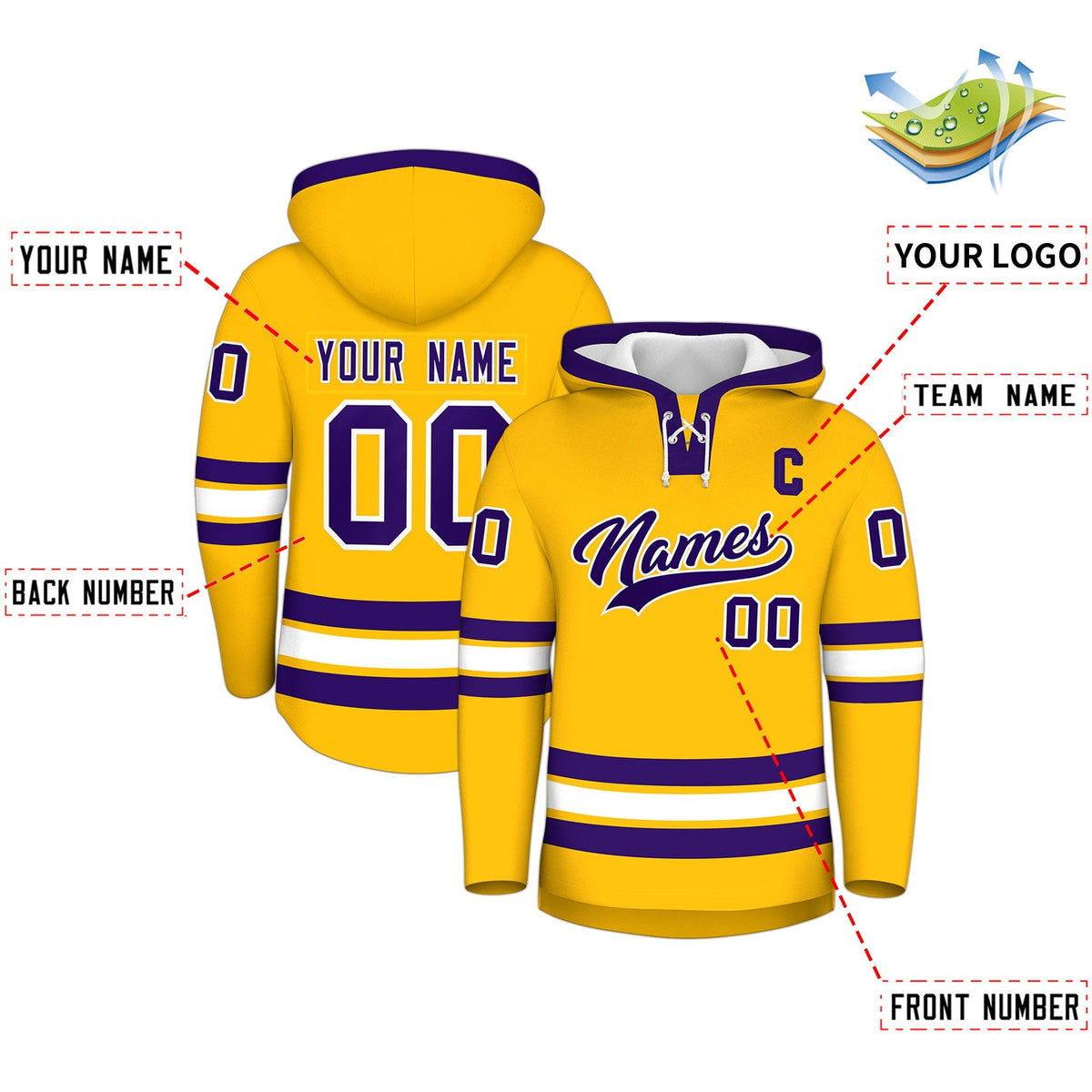Custom Hockey Hoodie Jersey Gold Purple Classic Style Add Name,Number&amp;Logo