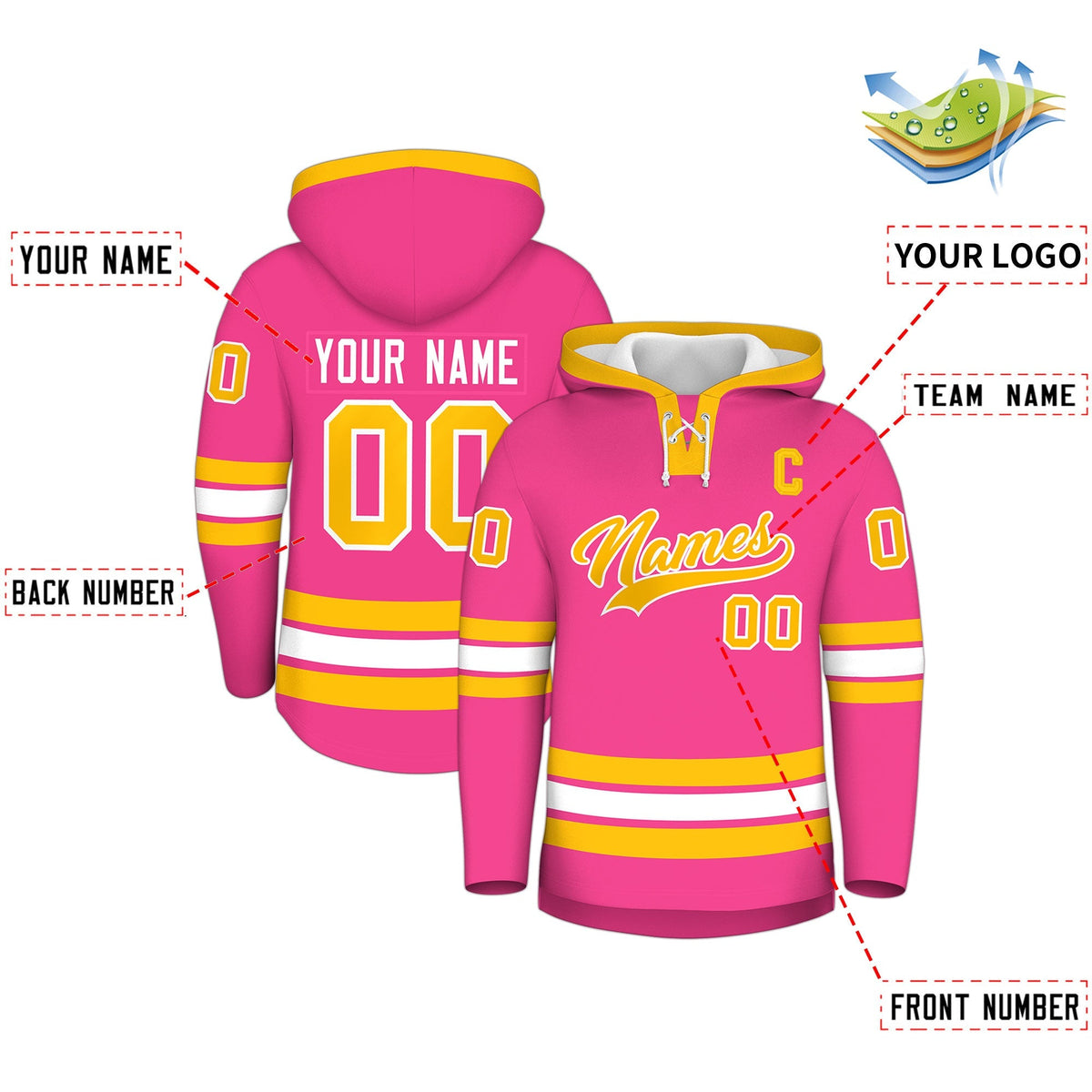 Custom Hockey Hoodie Jersey Pink Gold Classic Style Add Name,Number&amp;Logo