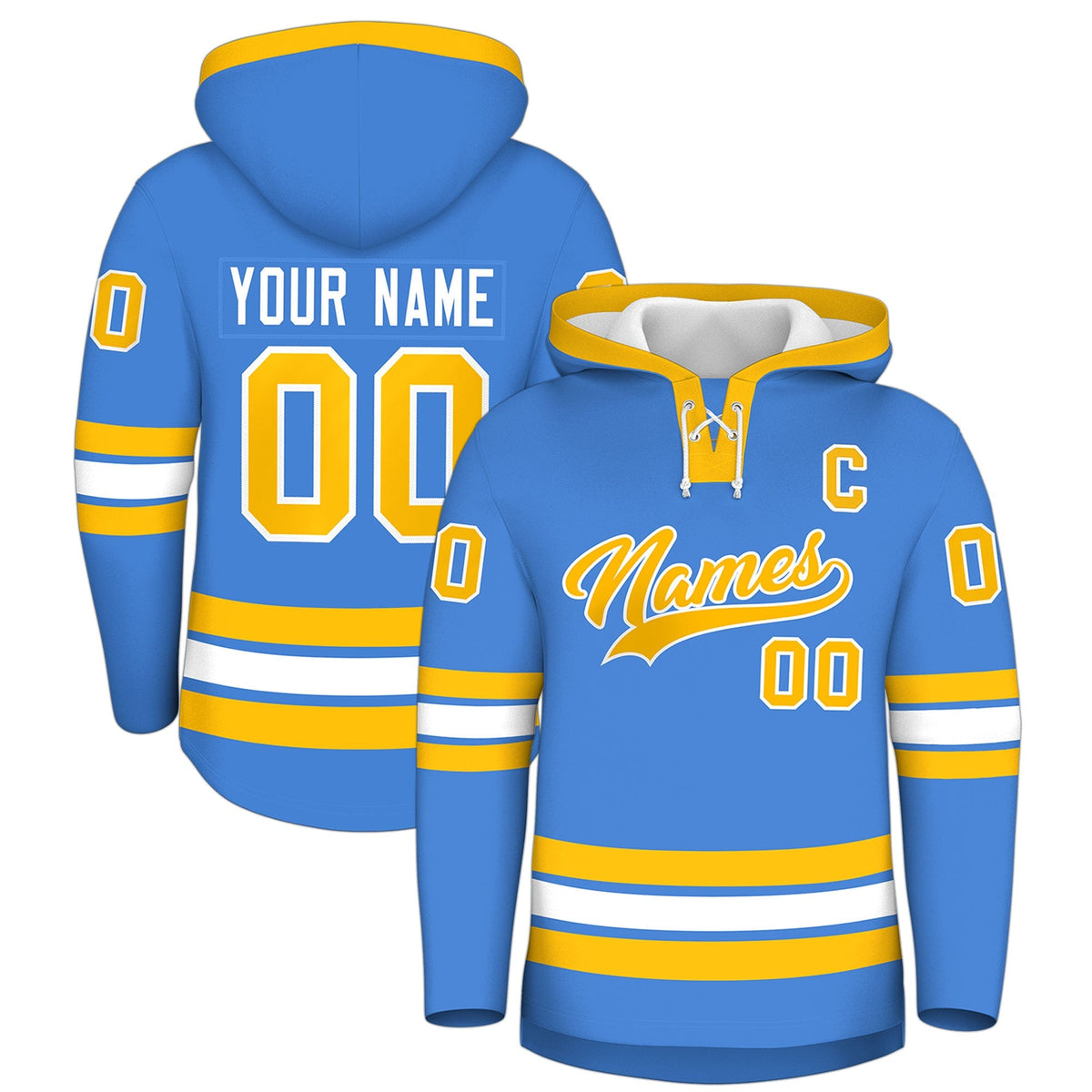 Custom Hockey Hoodie Jersey Powder Blue Gold Classic Style Add Name,Number&amp;Logo