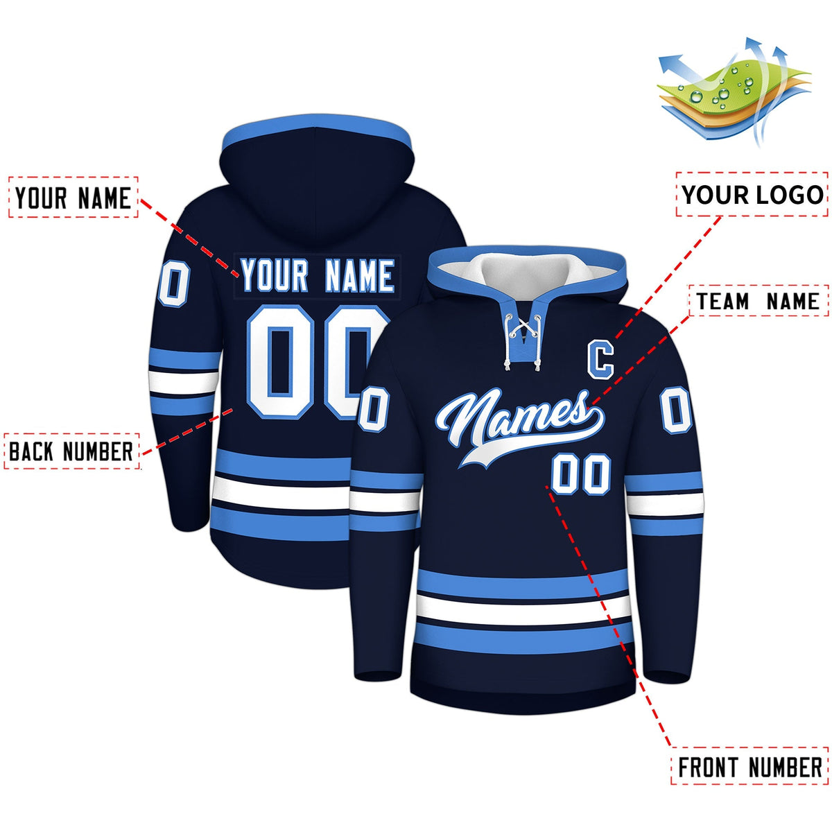 Custom Hockey Hoodie Jersey Navy Powder Blue Classic Style for Men&amp;Youth