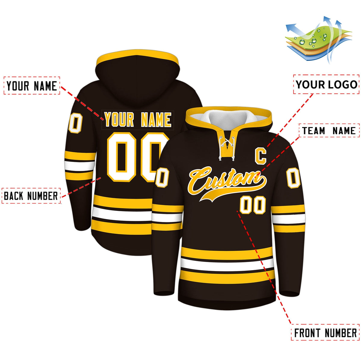 Custom Hockey Hoodie Jersey Brown Gold Classic Style Add Name,Number&amp;Logo