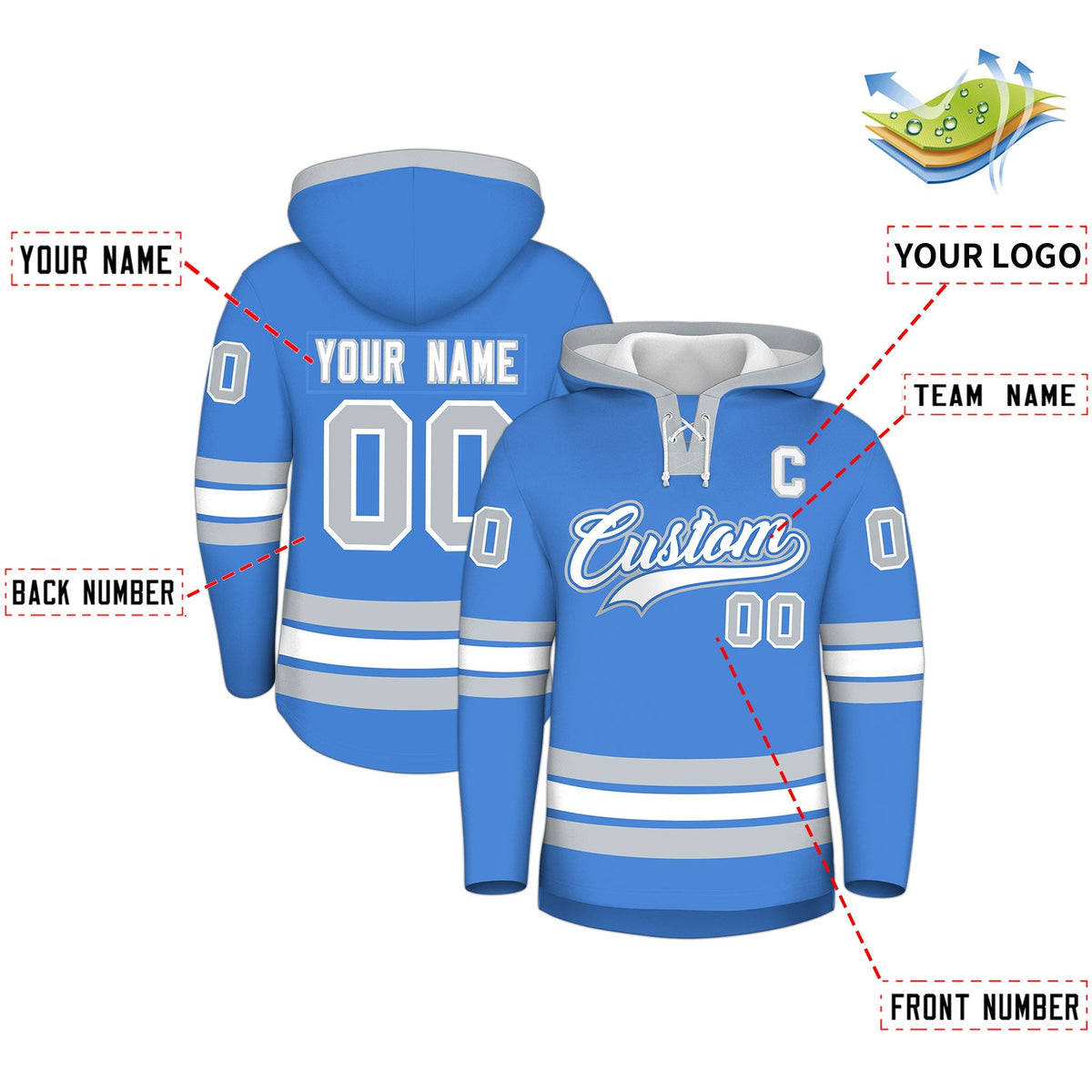 Custom Hockey Hoodie Jersey Powder Blue Silver Classic Style for Men&amp;Youth