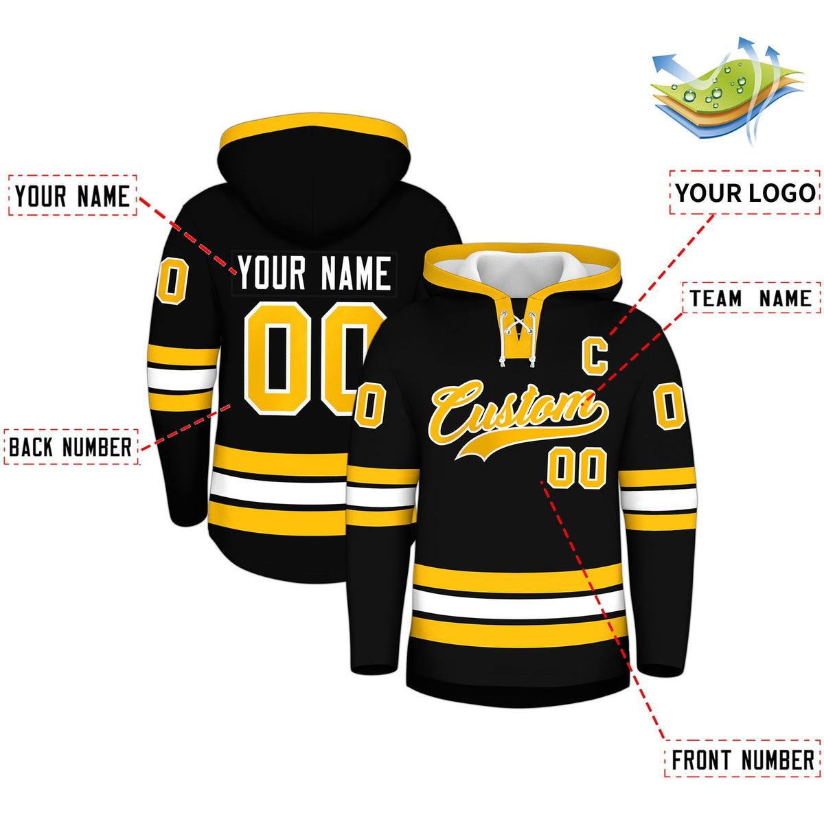 Custom Hockey Hoodie Jersey Black Gold Classic Style for Men&amp;Youth
