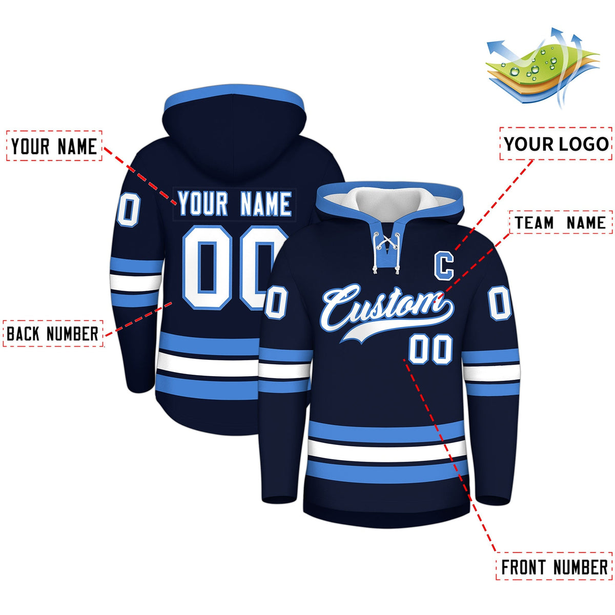 Custom Hockey Hoodie Jersey Navy Powder Blue Classic Style for Men&amp;Youth