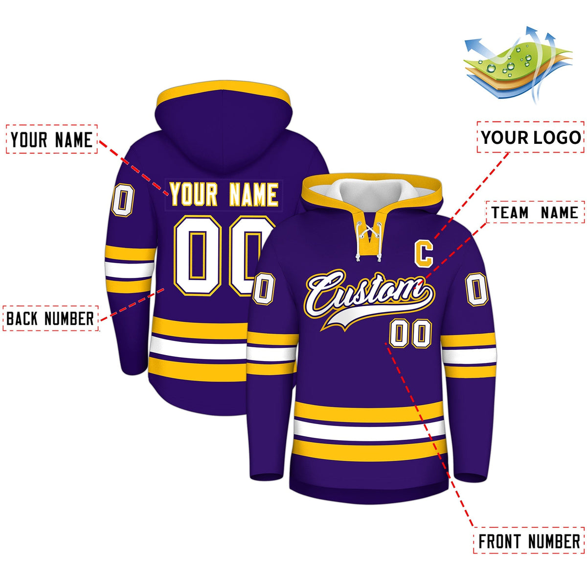 Custom Hockey Hoodie Jersey Purple Gold Classic Style for Men&amp;Youth