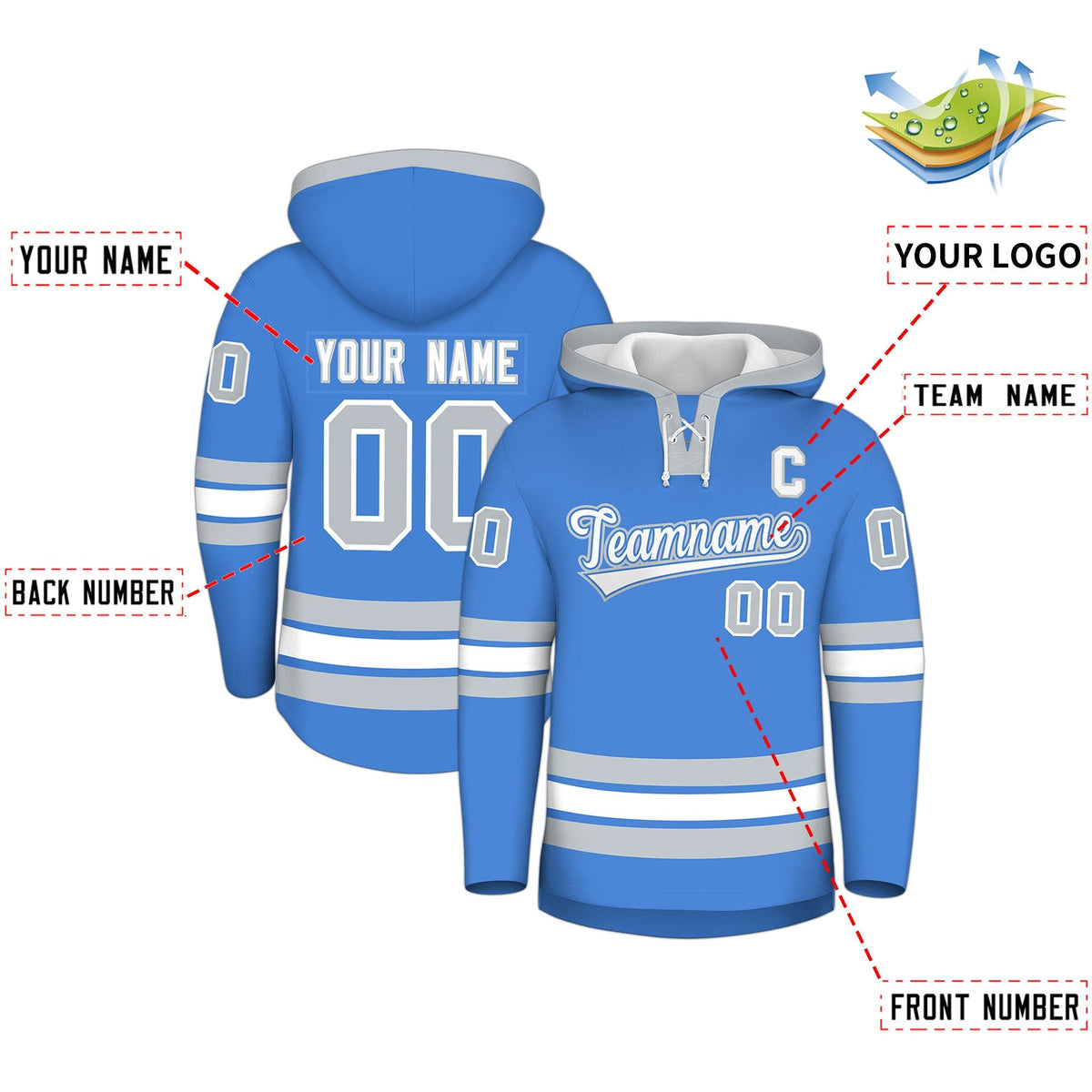 Custom Hockey Hoodie Jersey Powder Blue Silver Classic Style for Men&amp;Youth