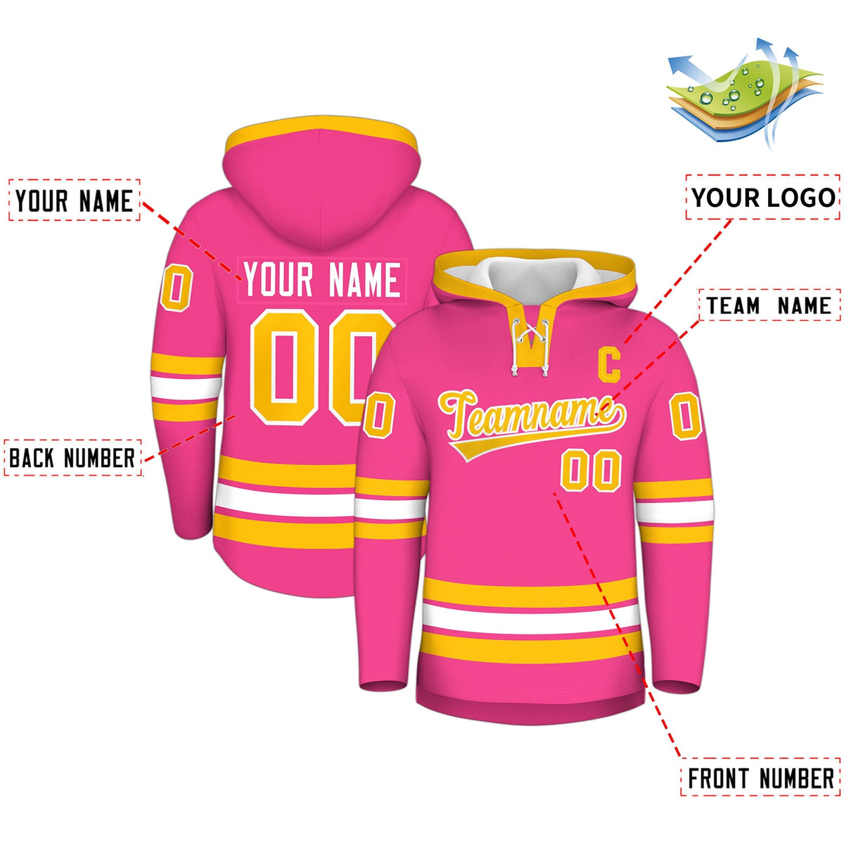 Custom Hockey Hoodie Jersey Pink Gold Classic Style Add Name,Number&amp;Logo