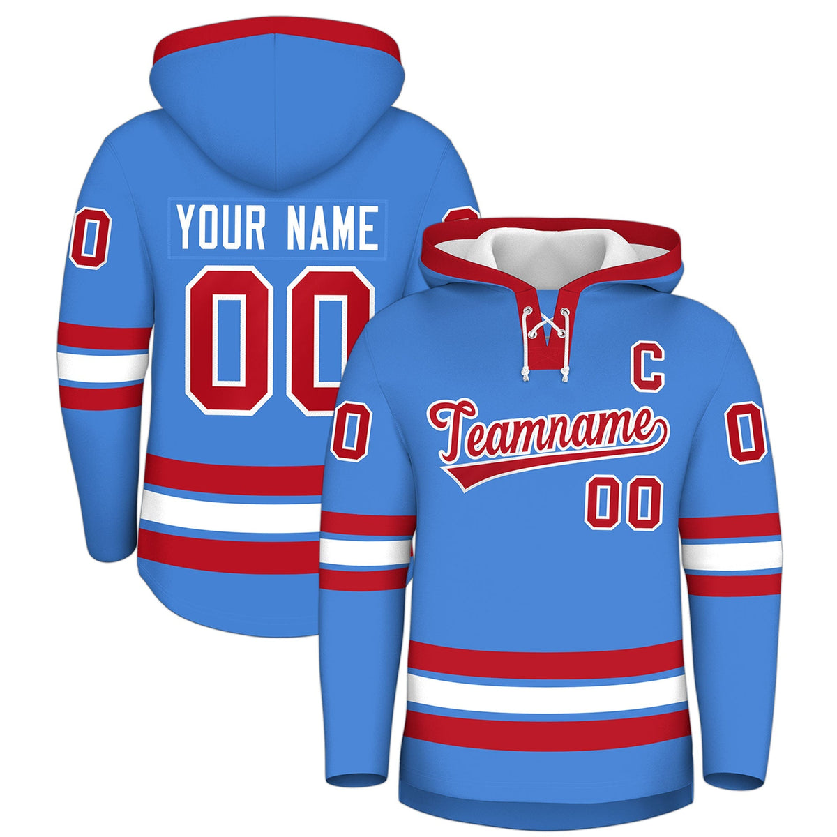 Custom Hockey Hoodie Jersey Powder Blue Red Classic Style for Men&amp;Youth