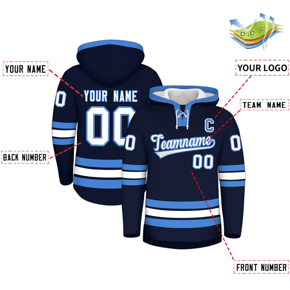 Custom Hockey Hoodie Jersey Navy Powder Blue Classic Style for Men&amp;Youth