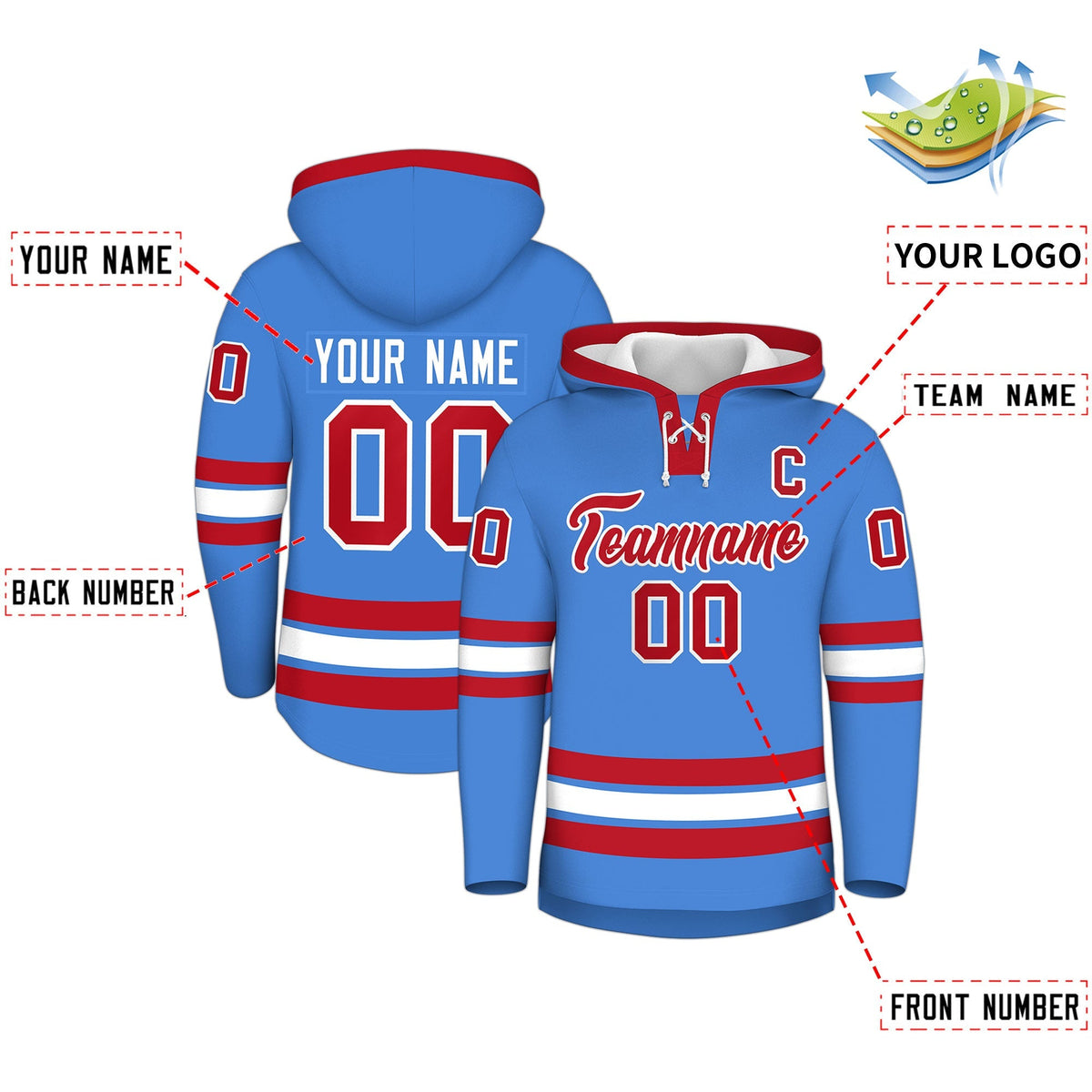 Custom Hockey Hoodie Jersey Powder Blue Red Classic Style for Men&amp;Youth
