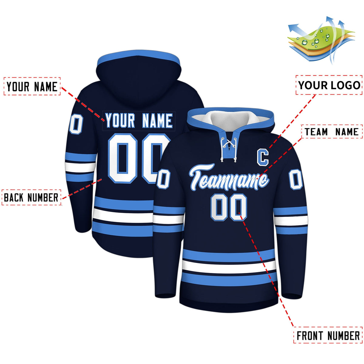 Custom Hockey Hoodie Jersey Navy Powder Blue Classic Style for Men&amp;Youth