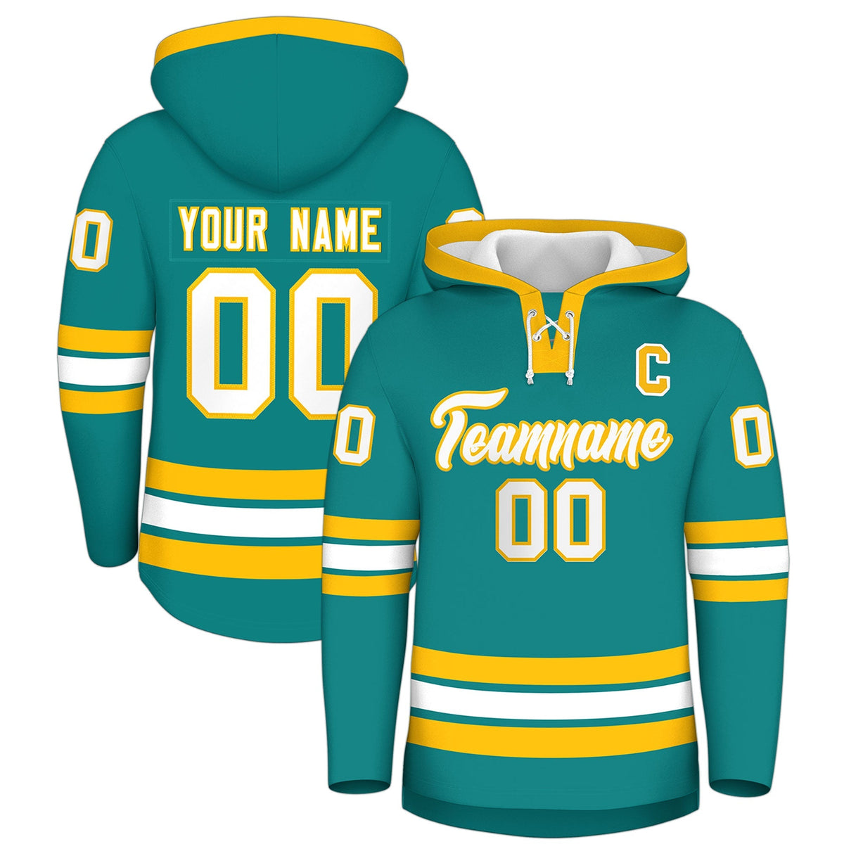 Custom Hockey Hoodie Jersey Teal Gold Classic Style Add Name,Number&amp;Logo