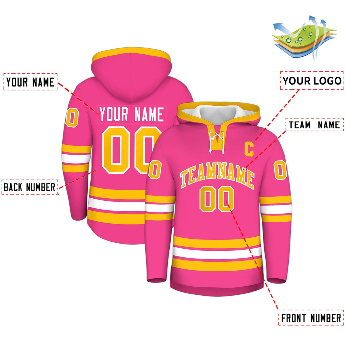 Custom Hockey Hoodie Jersey Pink Gold Classic Style Add Name,Number&amp;Logo