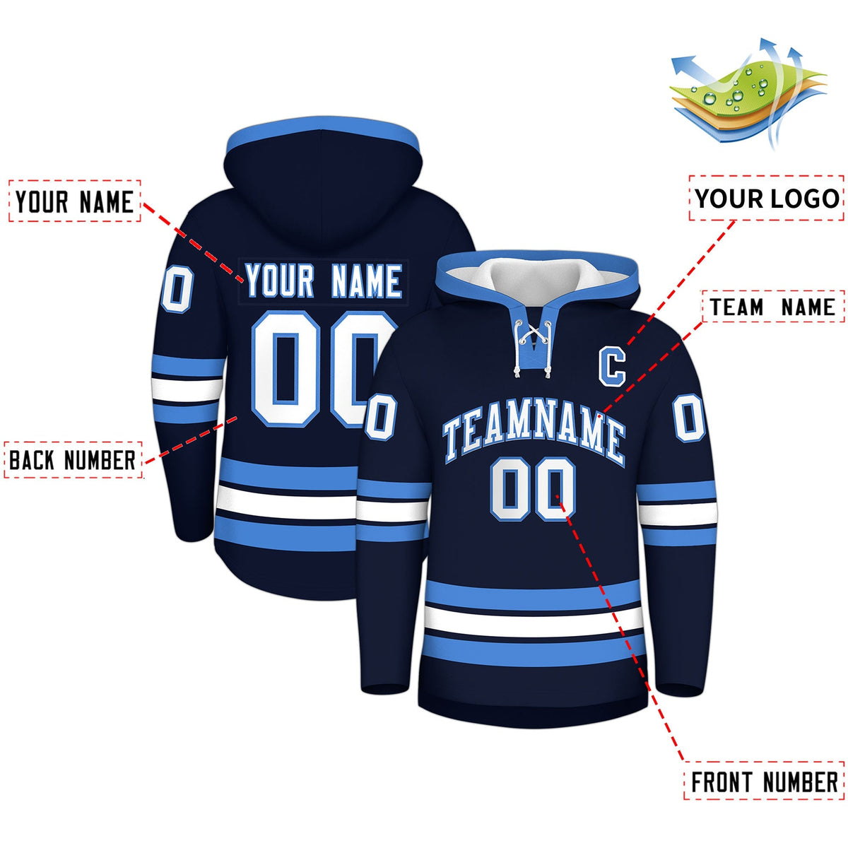 Custom Hockey Hoodie Jersey Navy Powder Blue Classic Style for Men&amp;Youth