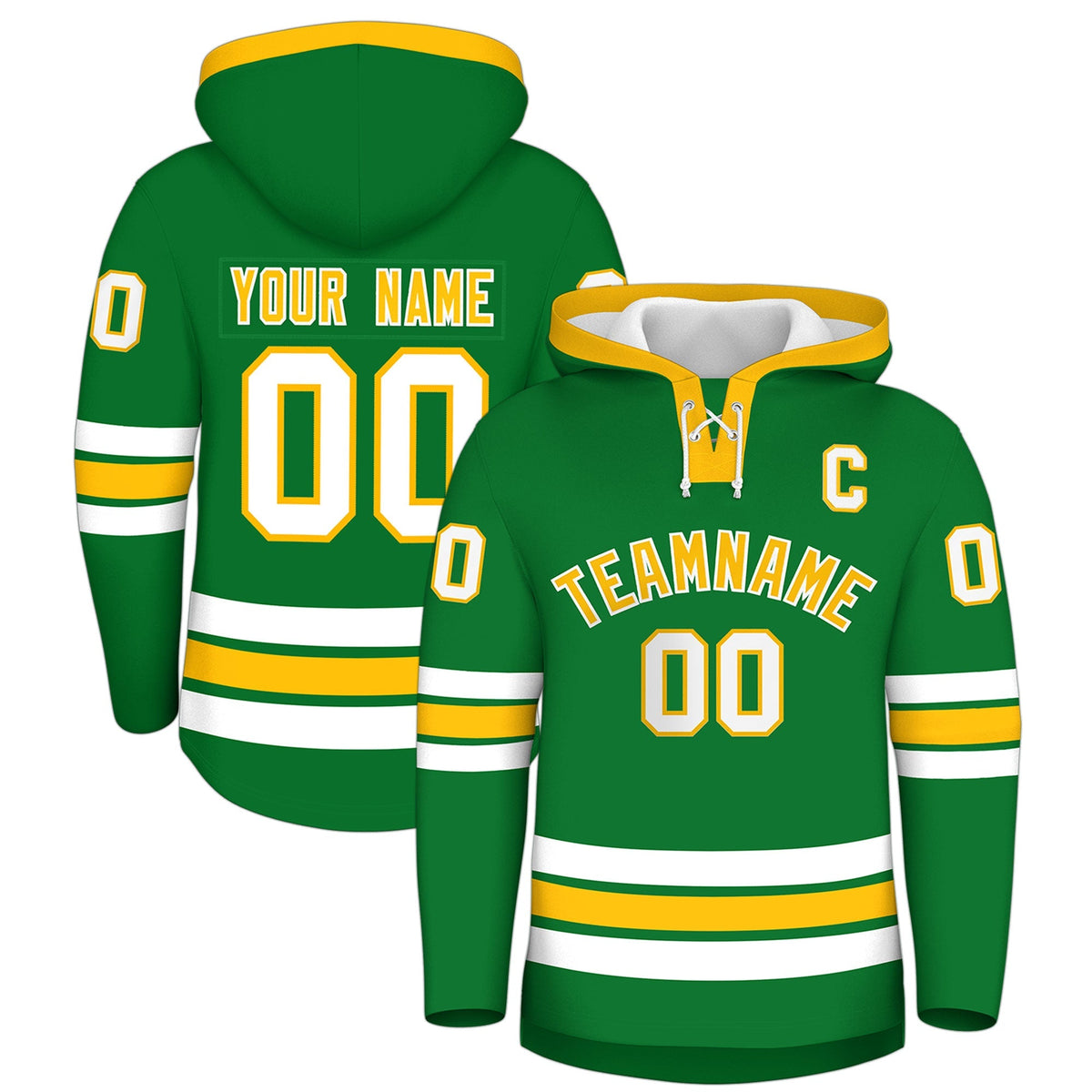 Custom Hockey Hoodie Jersey Kelly Green Gold Classic Style for Men&amp;Youth