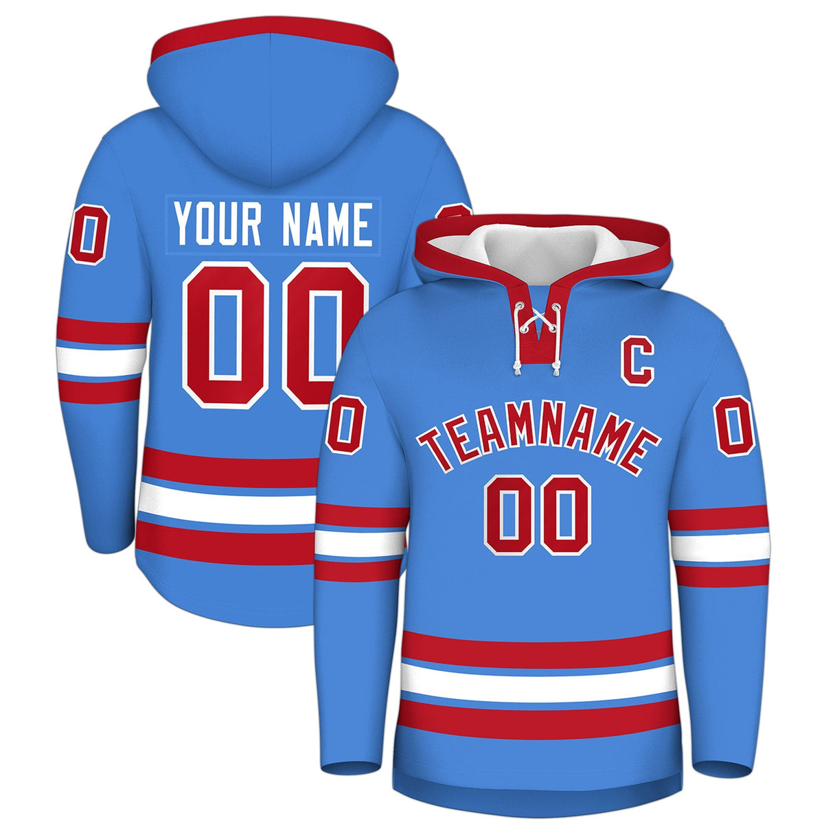 Custom Hockey Hoodie Jersey Powder Blue Red Classic Style for Men&amp;Youth