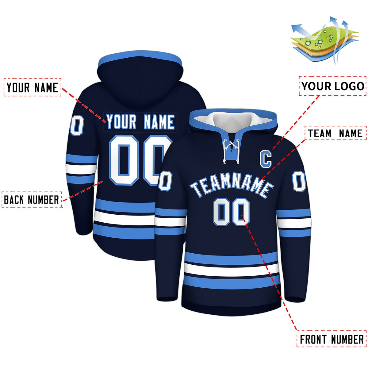Custom Hockey Hoodie Jersey Navy Powder Blue Classic Style for Men&amp;Youth