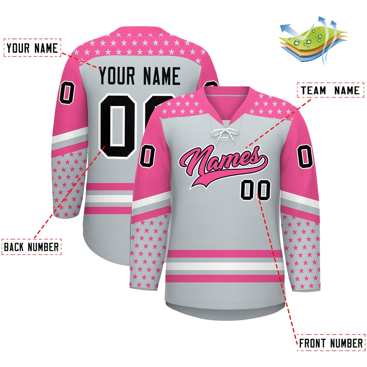Custom Silver Pink White Star Series Personalization Lace-Up Neck Hockey Jersey| KXKSHOP