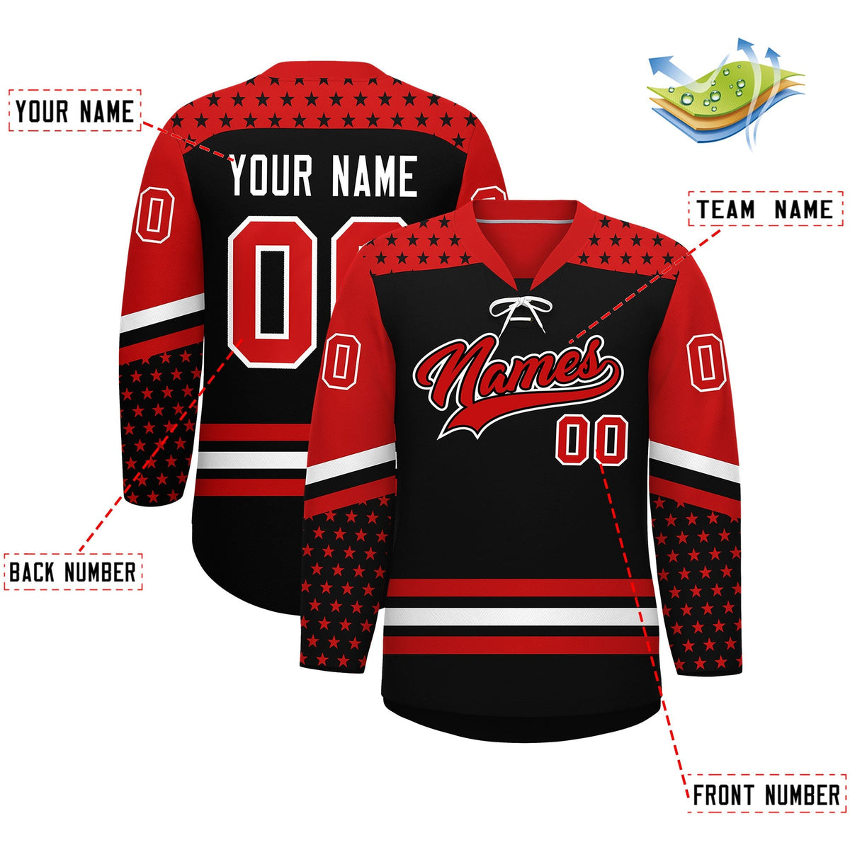 Custom Black Red White Star Series Personalization Lace-Up Neck Hockey Jersey| KXKSHOP
