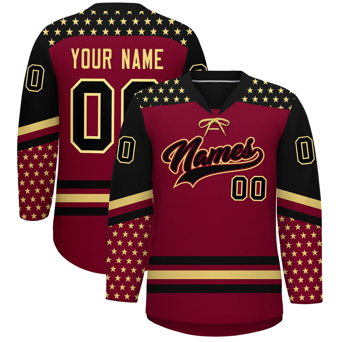Custom Crimson Black Khaki Star Series Personalization Lace-Up Neck Hockey Jersey| KXKSHOP