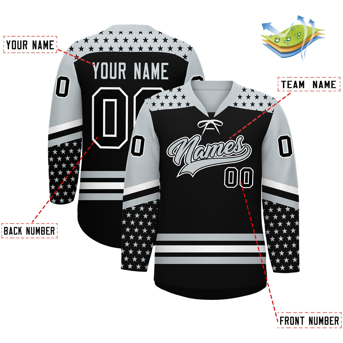 Custom Black Silver White Star Series Personalization Lace-Up Neck Hockey Jersey| KXKSHOP