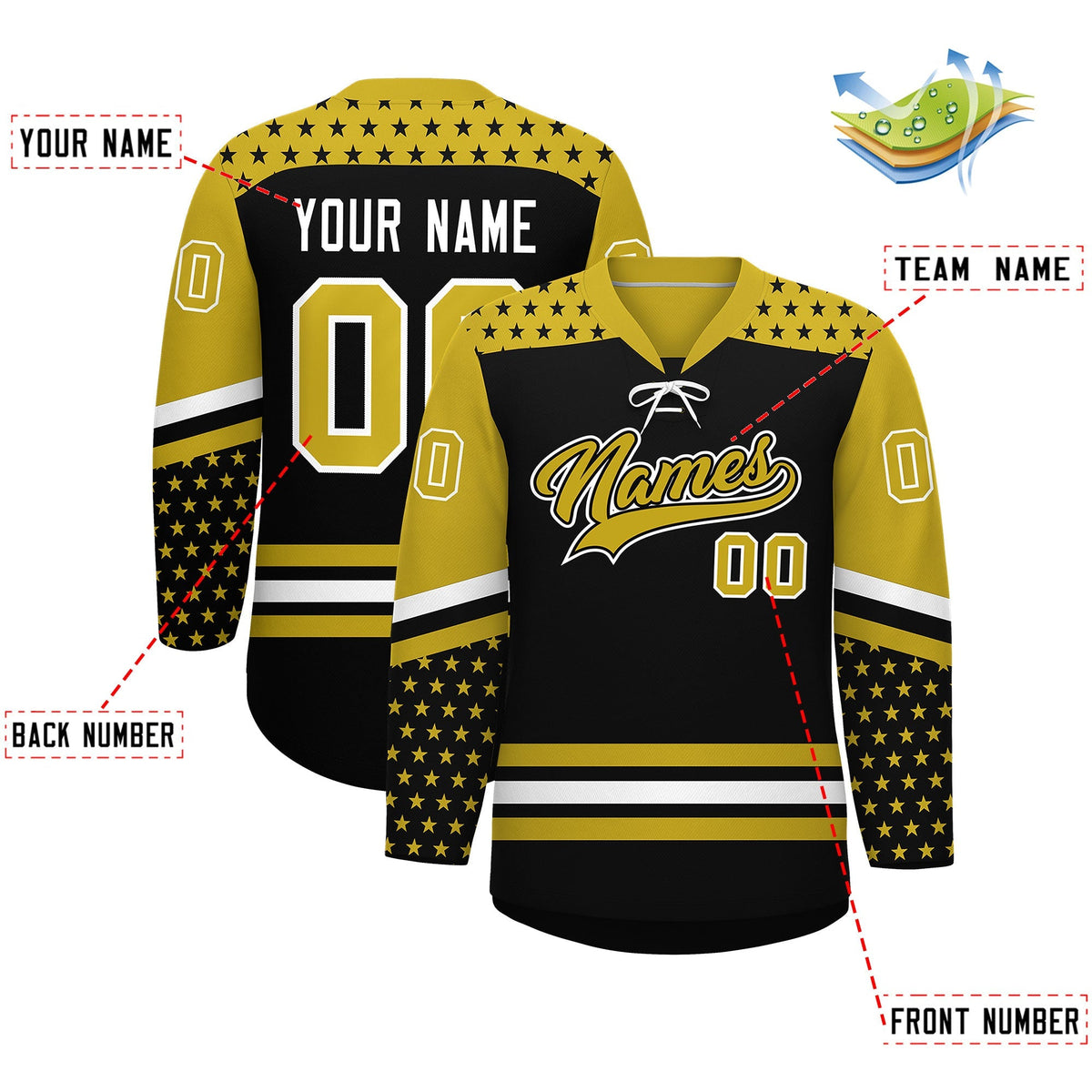 Custom Black Old Gold White Star Series Personalization Lace-Up Neck Hockey Jersey| KXKSHOP