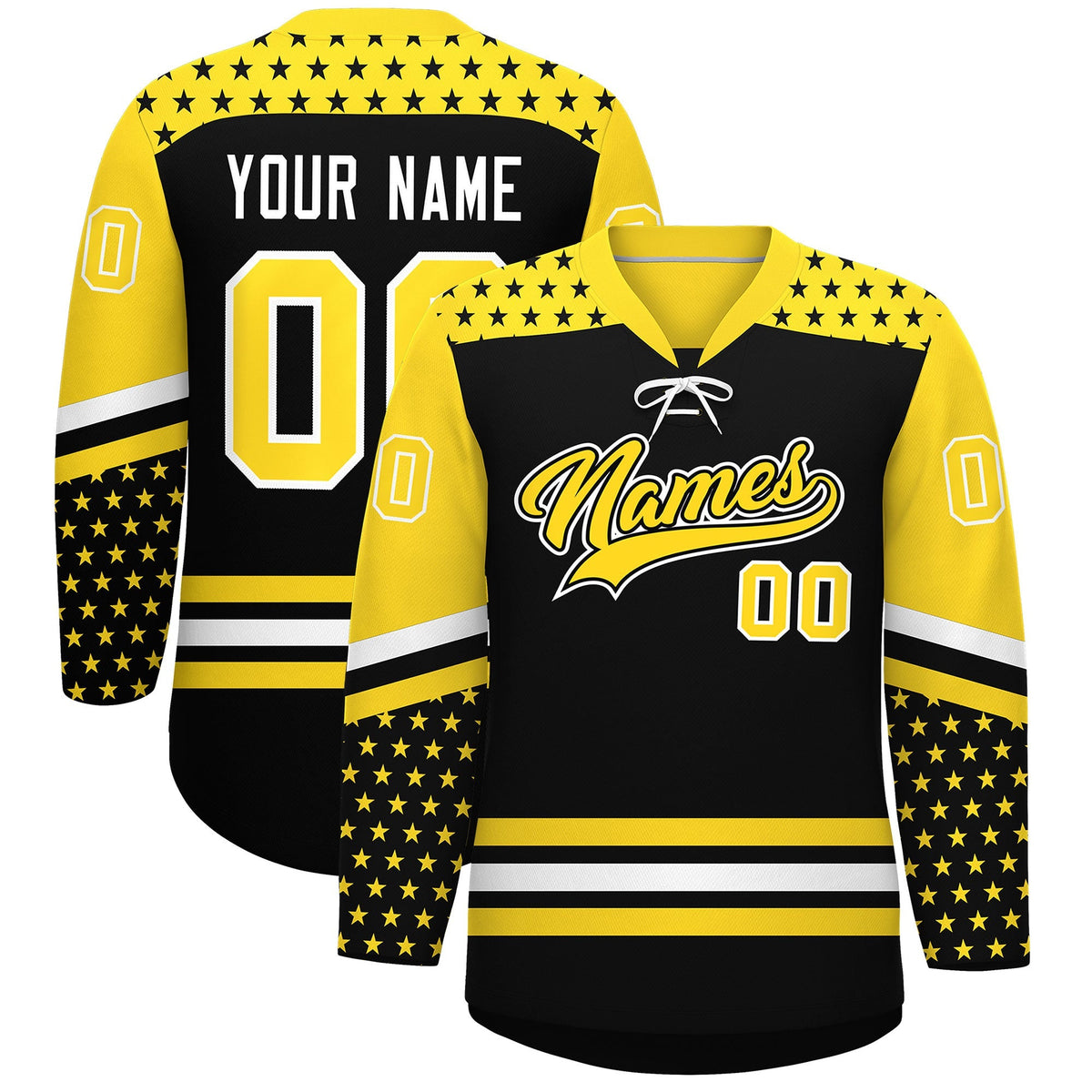 Custom Black Gold White Star Series Personalization Lace-Up Neck Hockey Jersey| KXKSHOP